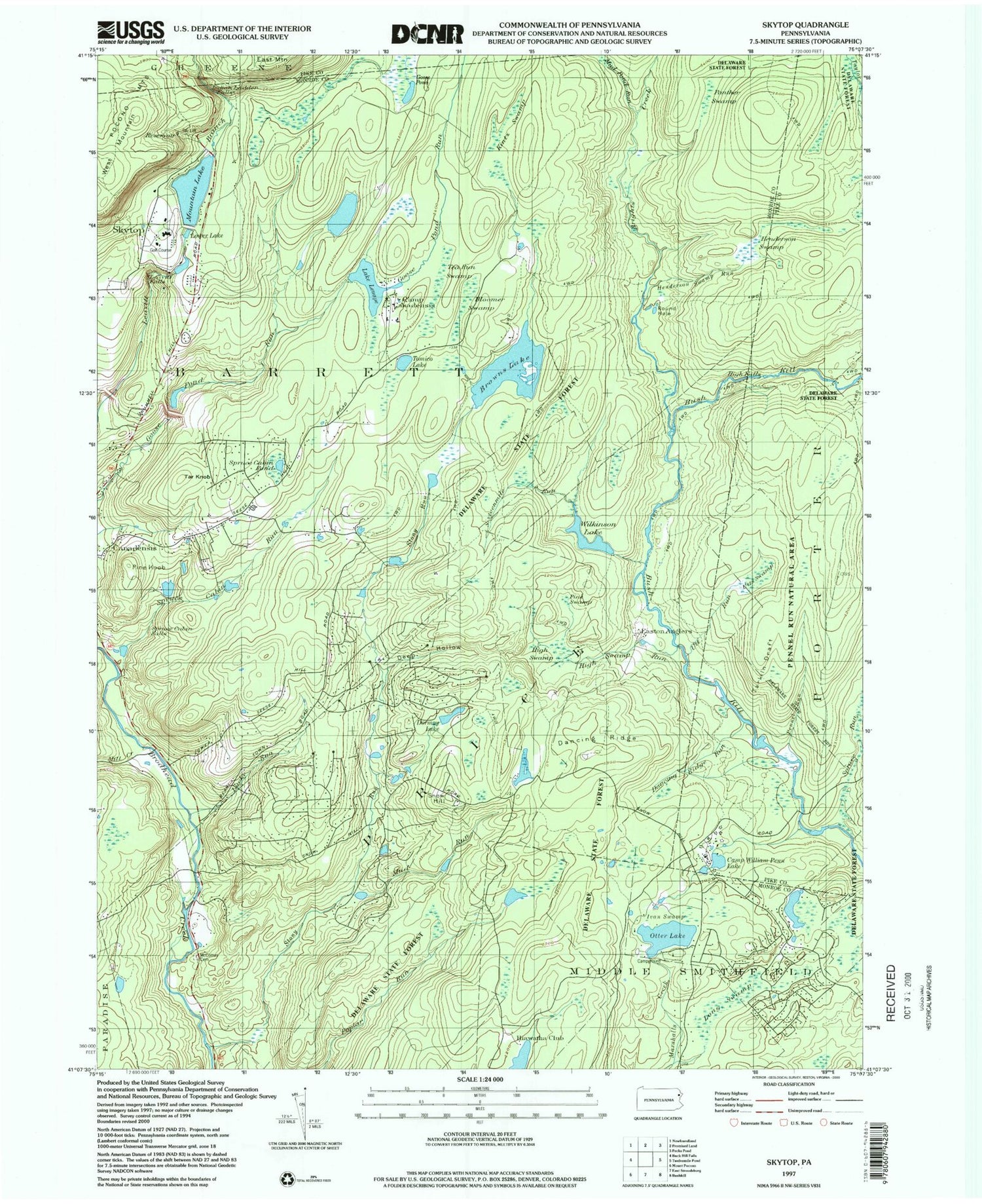 Classic USGS Skytop Pennsylvania 7.5'x7.5' Topo Map Image