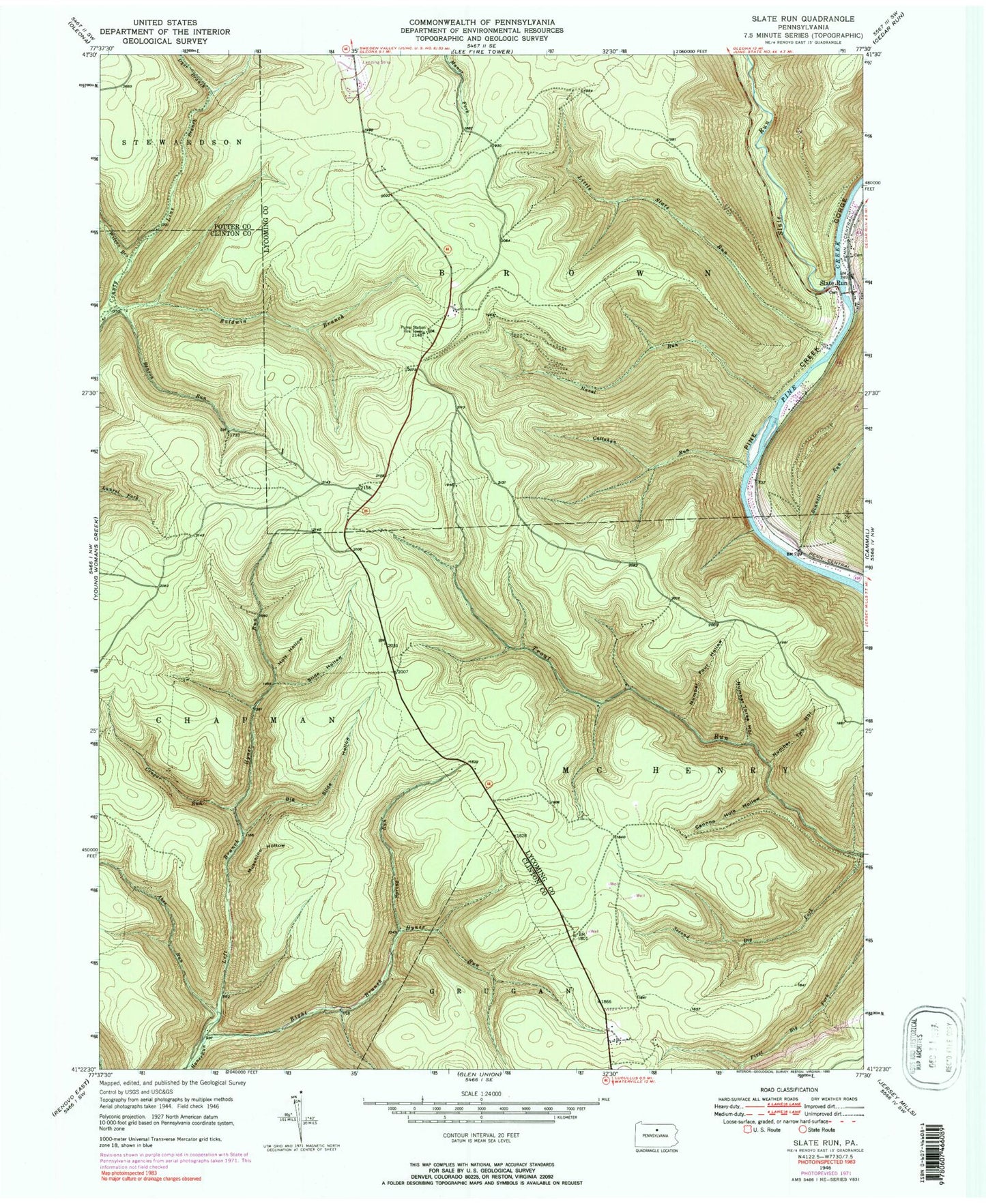 Classic USGS Slate Run Pennsylvania 7.5'x7.5' Topo Map Image