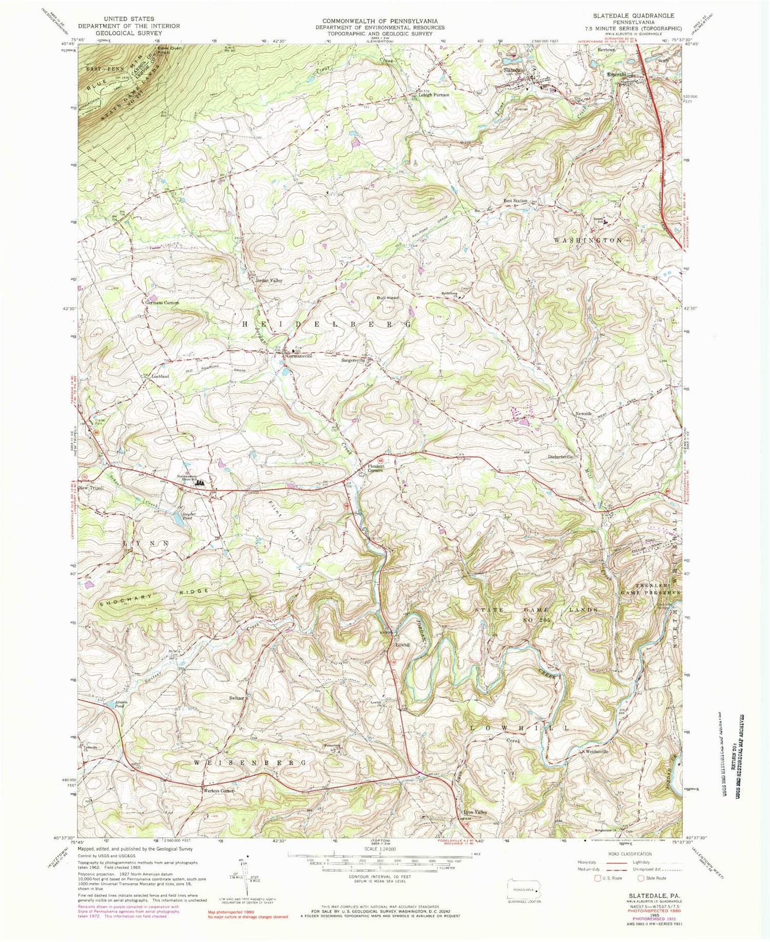 Classic USGS Slatedale Pennsylvania 7.5'x7.5' Topo Map Image