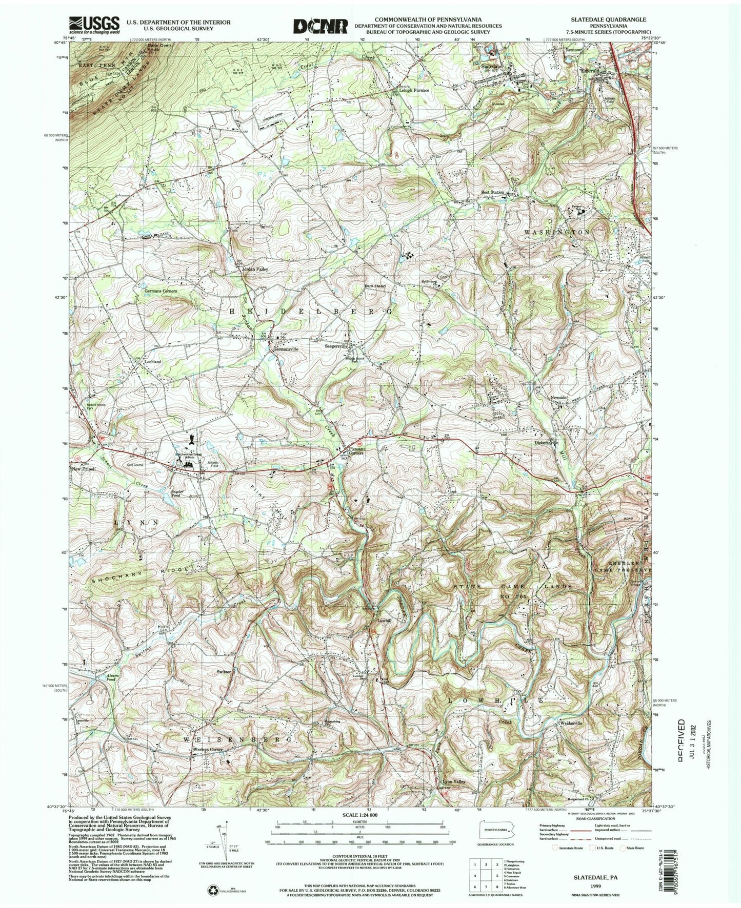 Classic USGS Slatedale Pennsylvania 7.5'x7.5' Topo Map Image