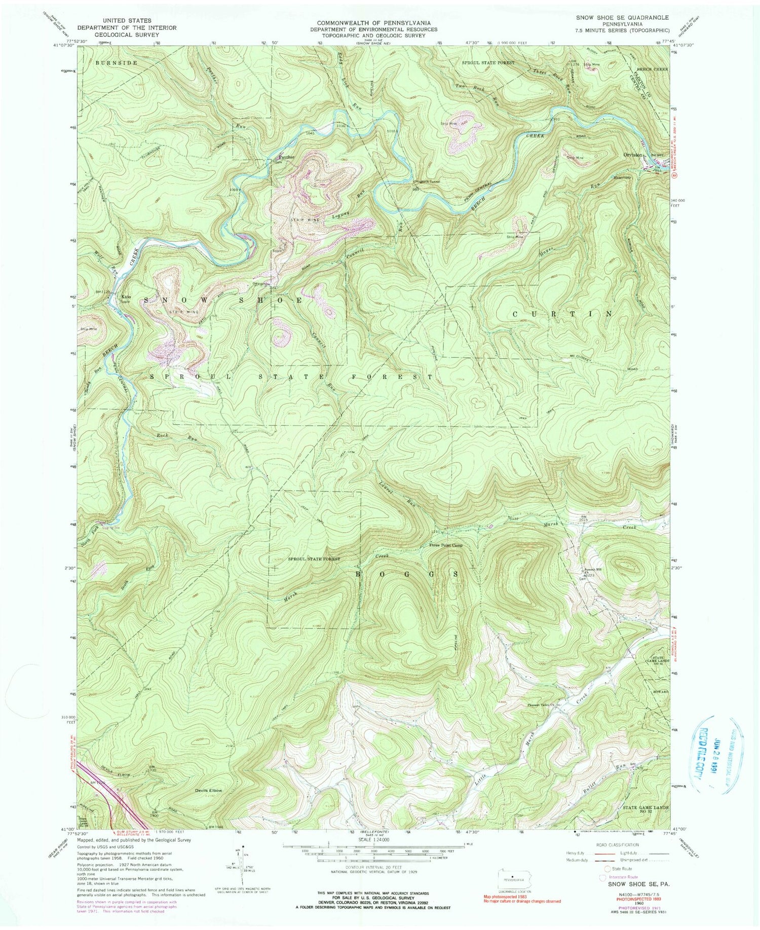 Classic USGS Snow Shoe SE Pennsylvania 7.5'x7.5' Topo Map Image