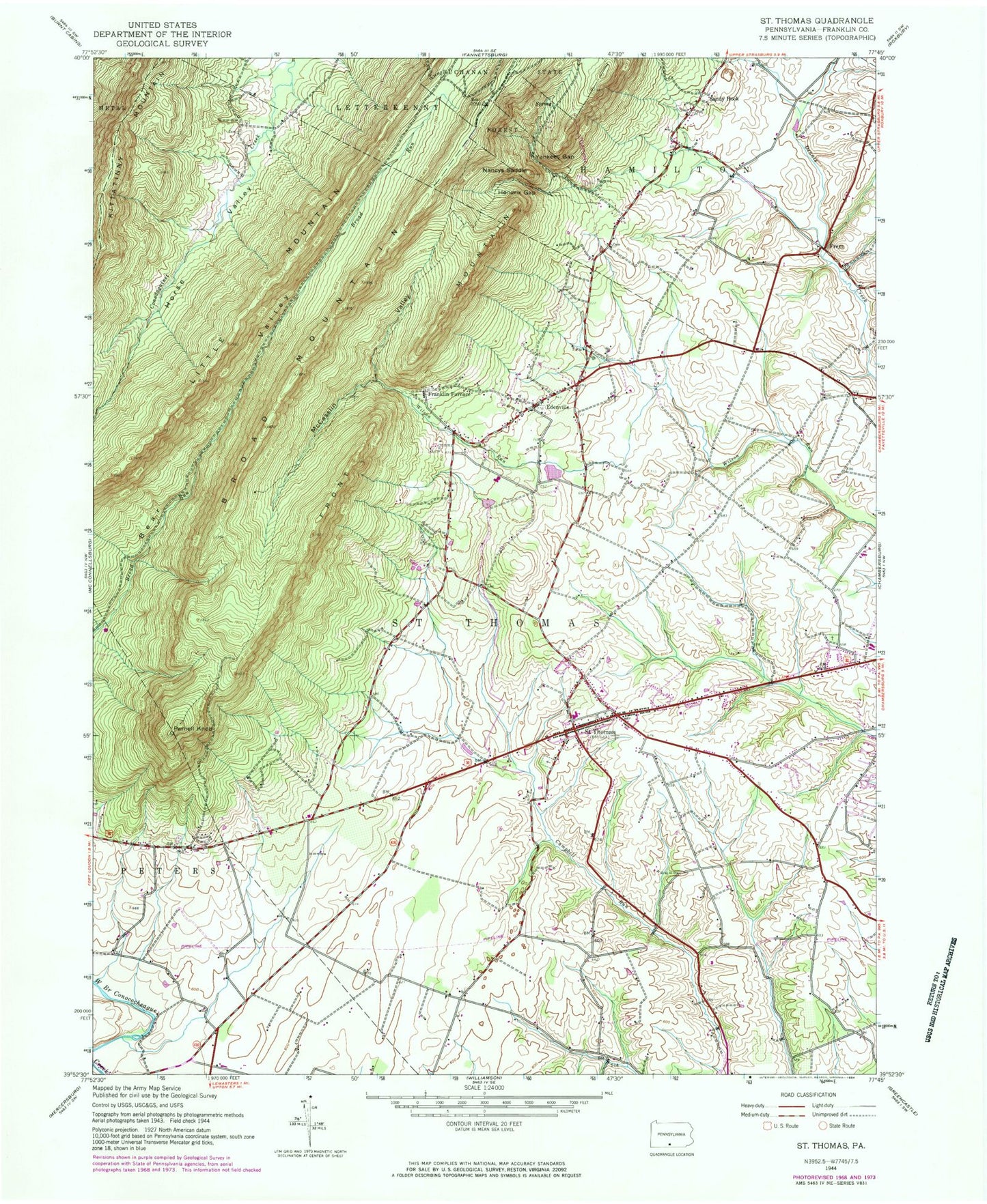 Classic USGS Saint Thomas Pennsylvania 7.5'x7.5' Topo Map Image
