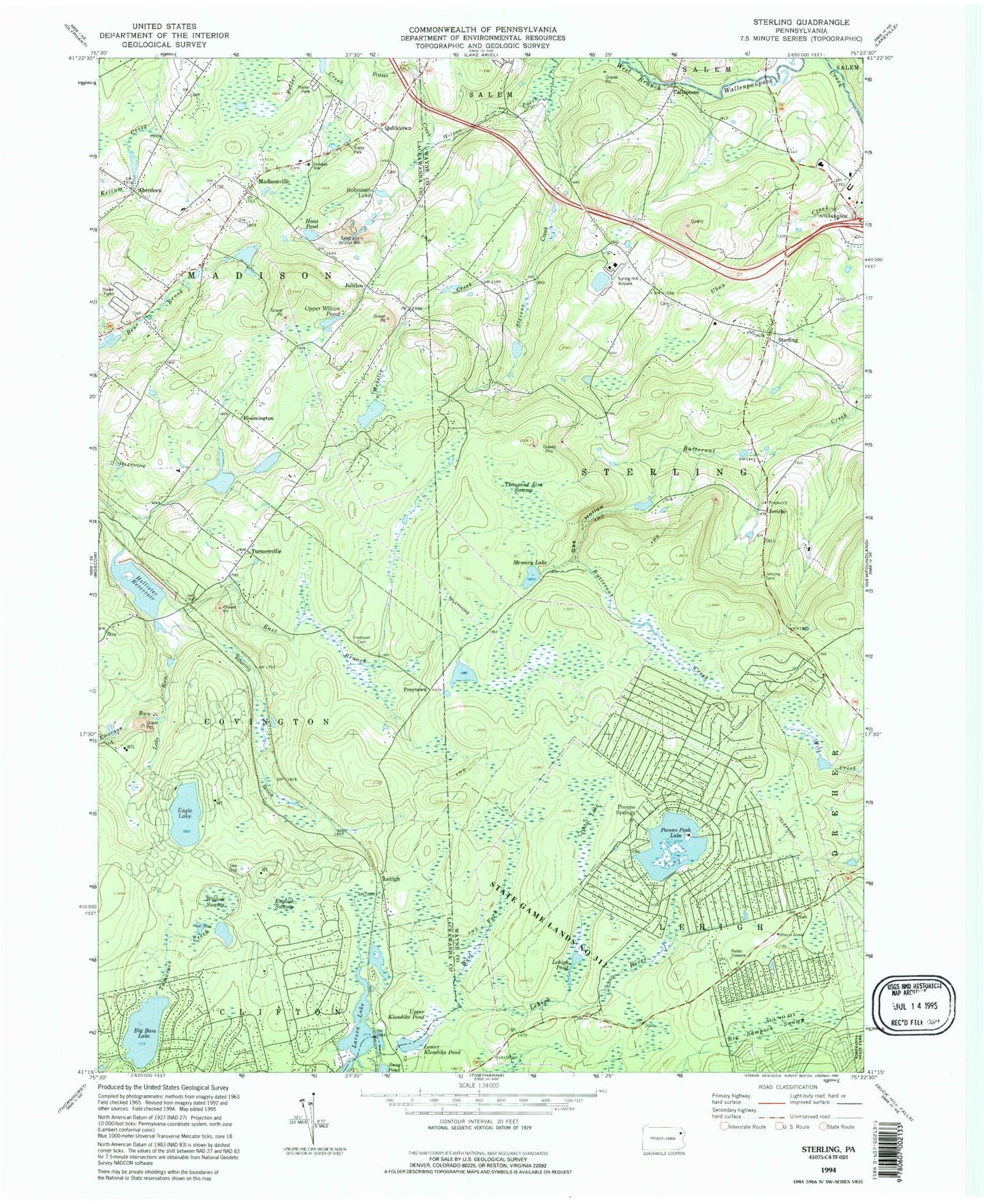 Classic USGS Sterling Pennsylvania 7.5'x7.5' Topo Map Image