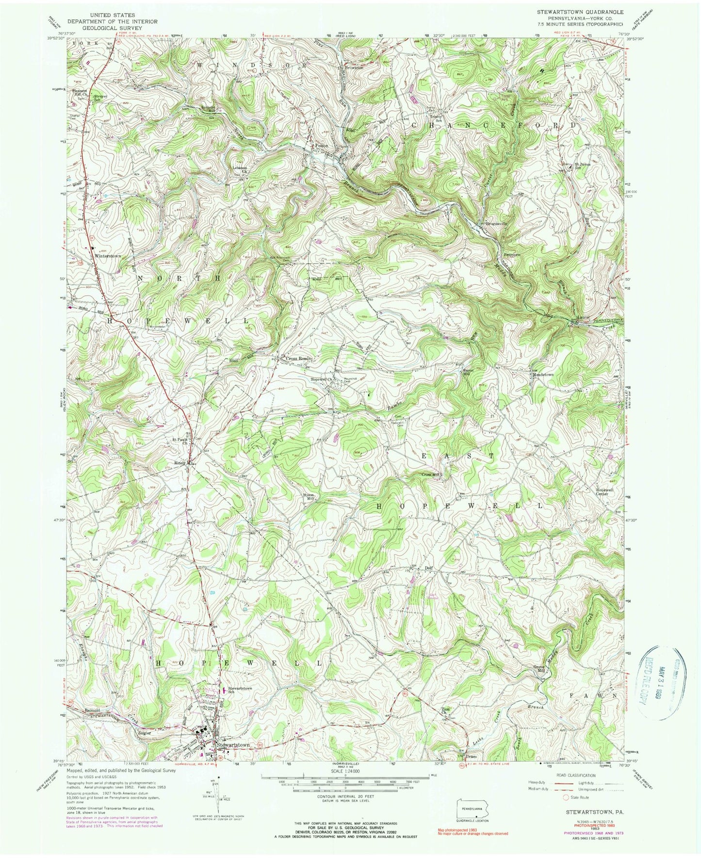 Classic USGS Stewartstown Pennsylvania 7.5'x7.5' Topo Map Image