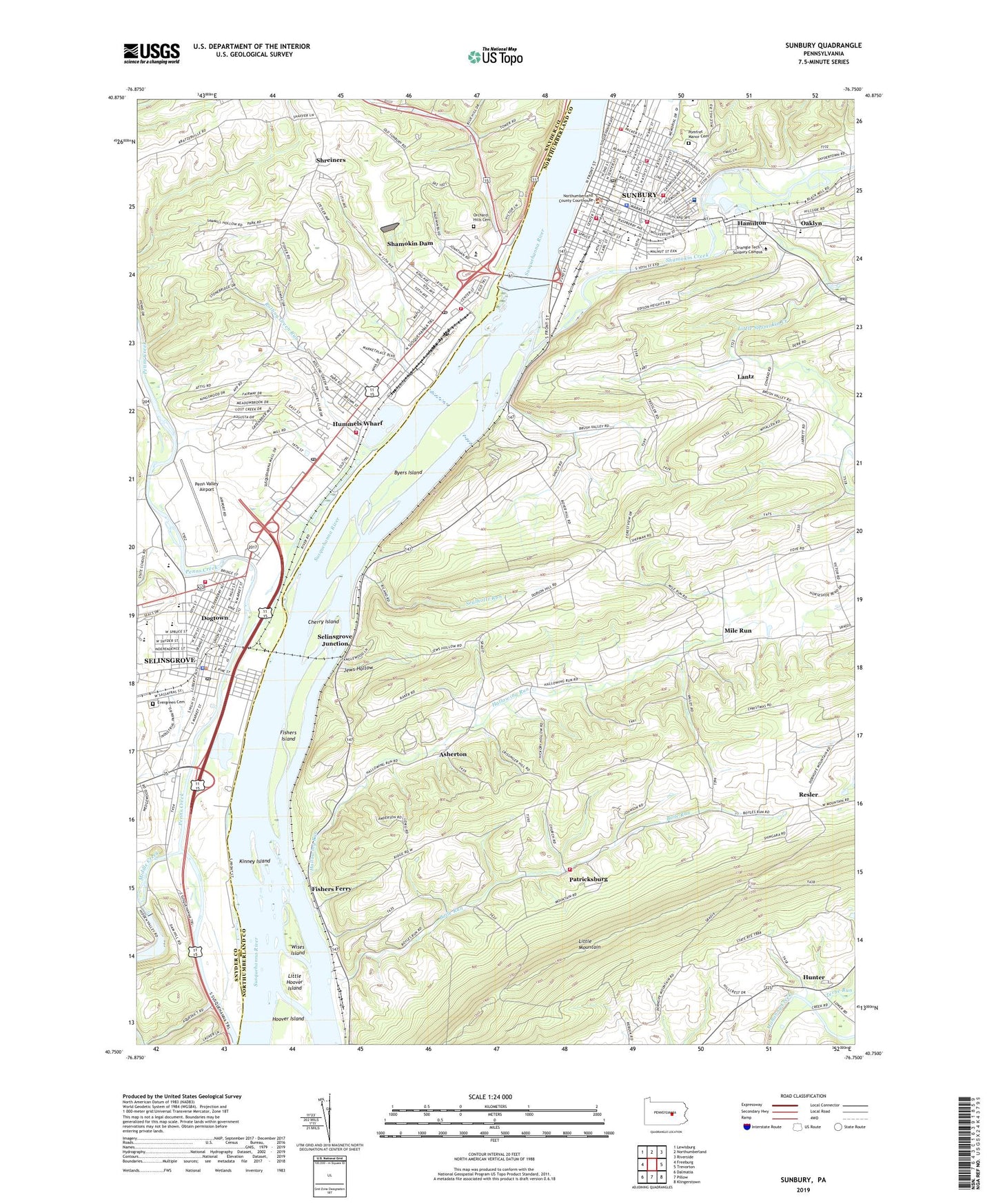 Sunbury Pennsylvania US Topo Map Image