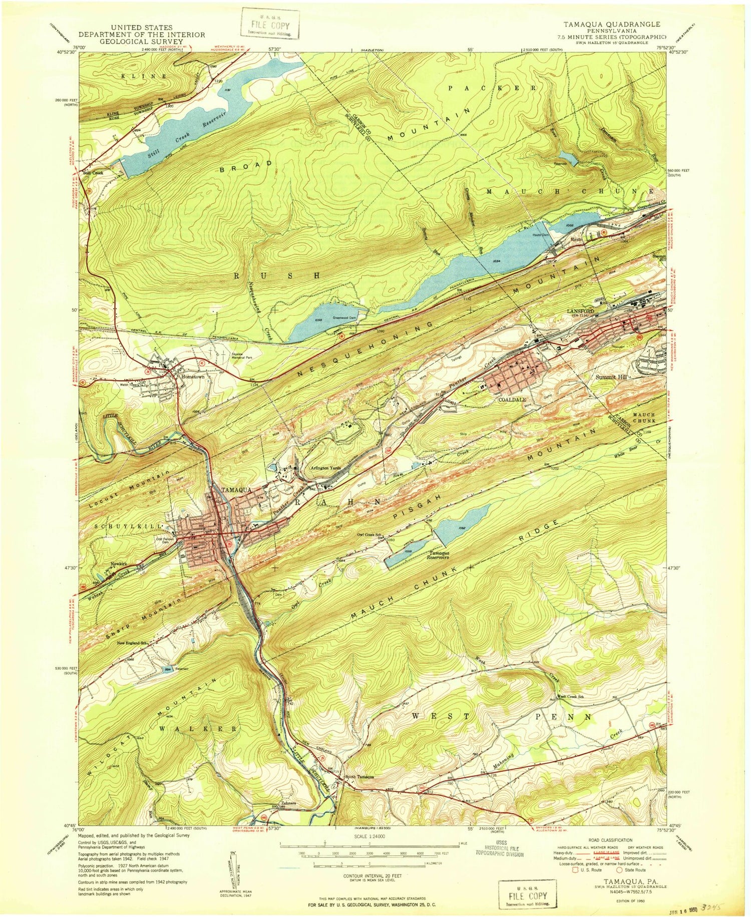 Classic USGS Tamaqua Pennsylvania 7.5'x7.5' Topo Map Image