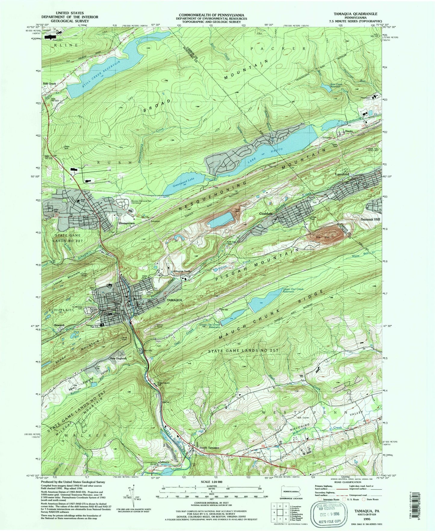 Classic USGS Tamaqua Pennsylvania 7.5'x7.5' Topo Map Image