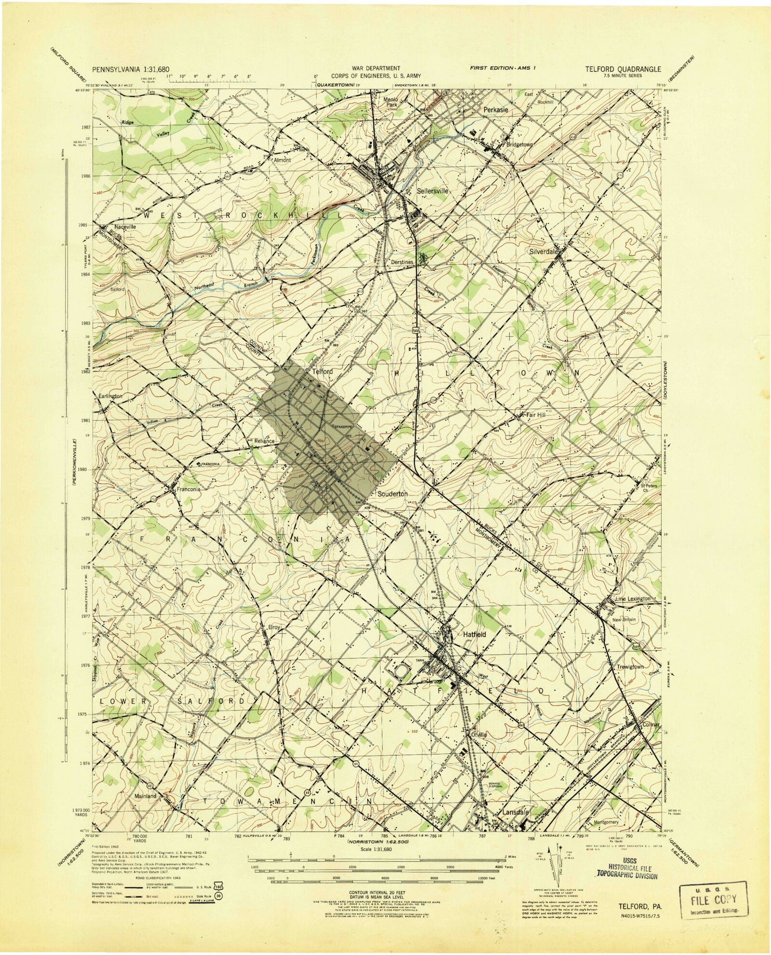 Classic USGS Telford Pennsylvania 7.5'x7.5' Topo Map Image