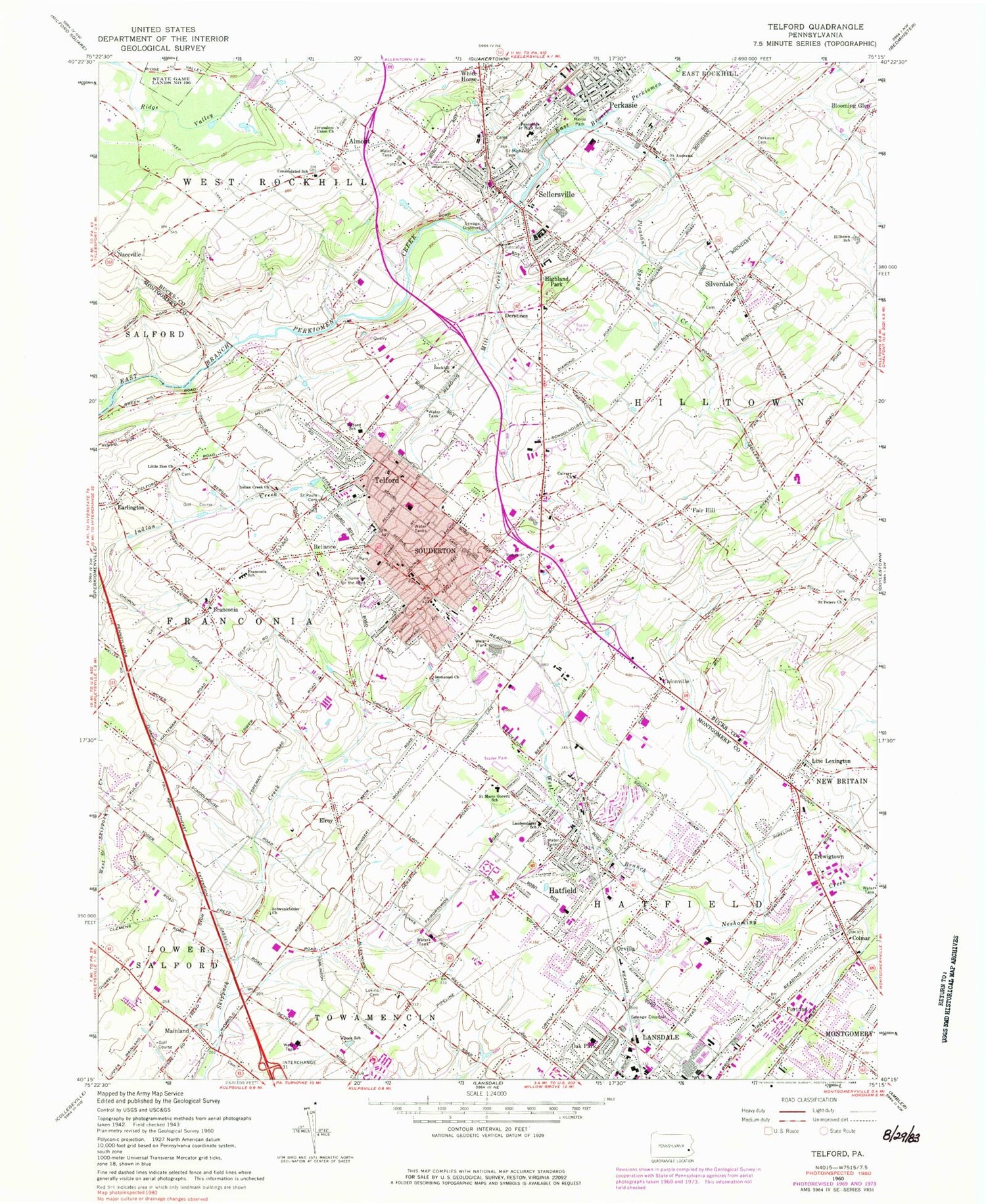 Classic USGS Telford Pennsylvania 7.5'x7.5' Topo Map Image