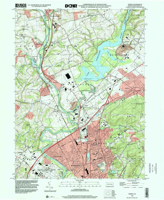 Classic USGS Temple Pennsylvania 7.5'x7.5' Topo Map Image