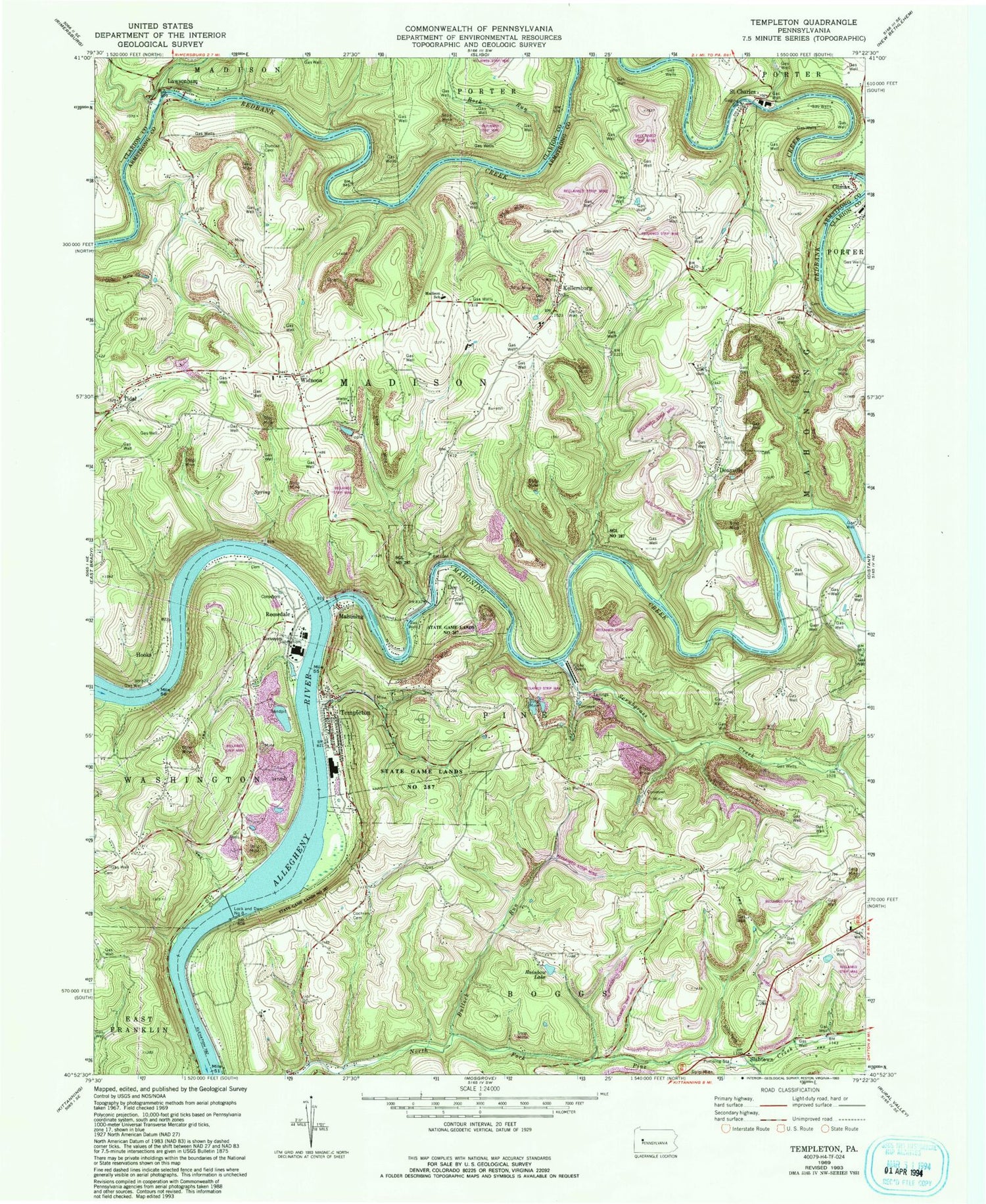 Classic USGS Templeton Pennsylvania 7.5'x7.5' Topo Map Image
