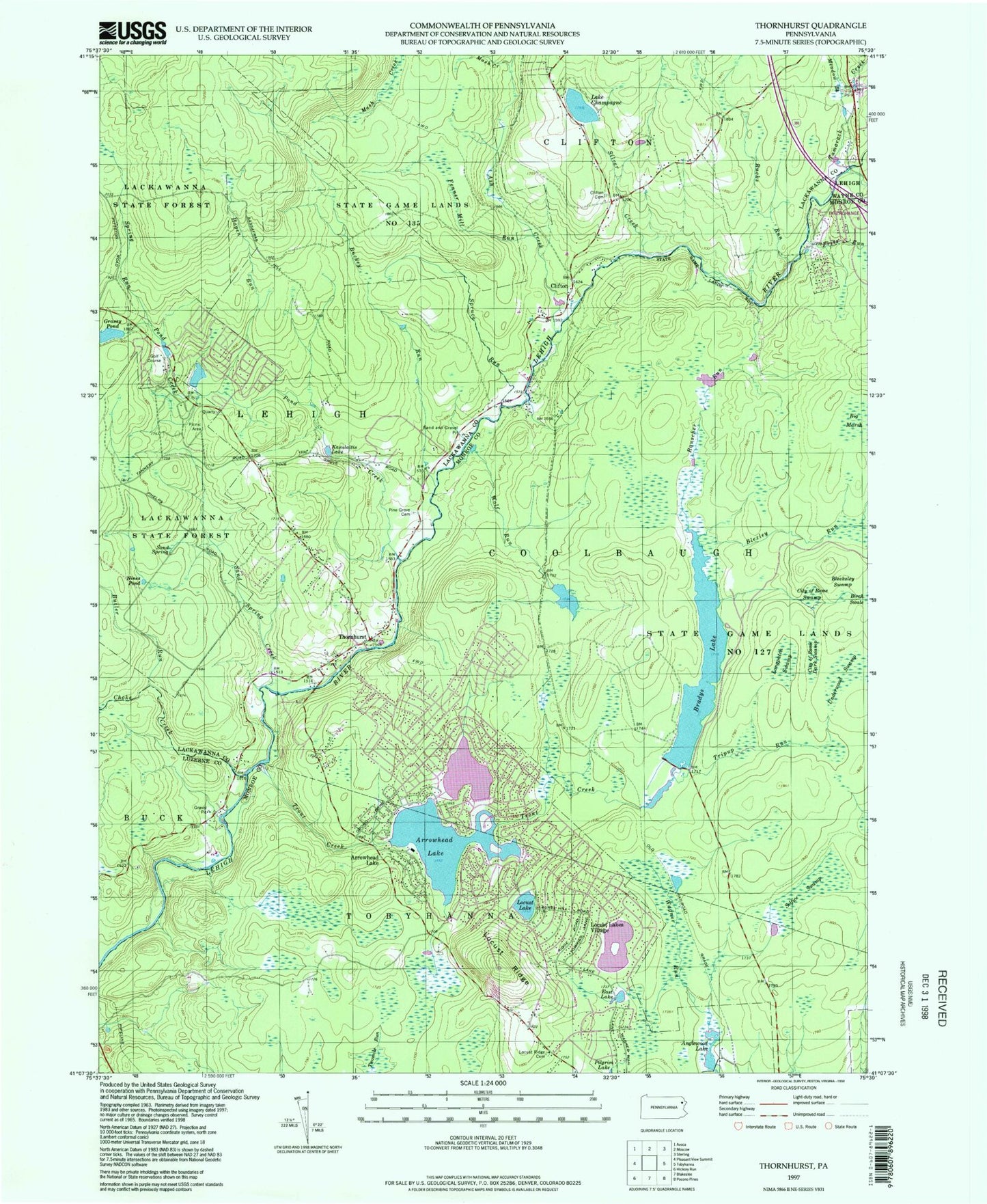Classic USGS Thornhurst Pennsylvania 7.5'x7.5' Topo Map Image