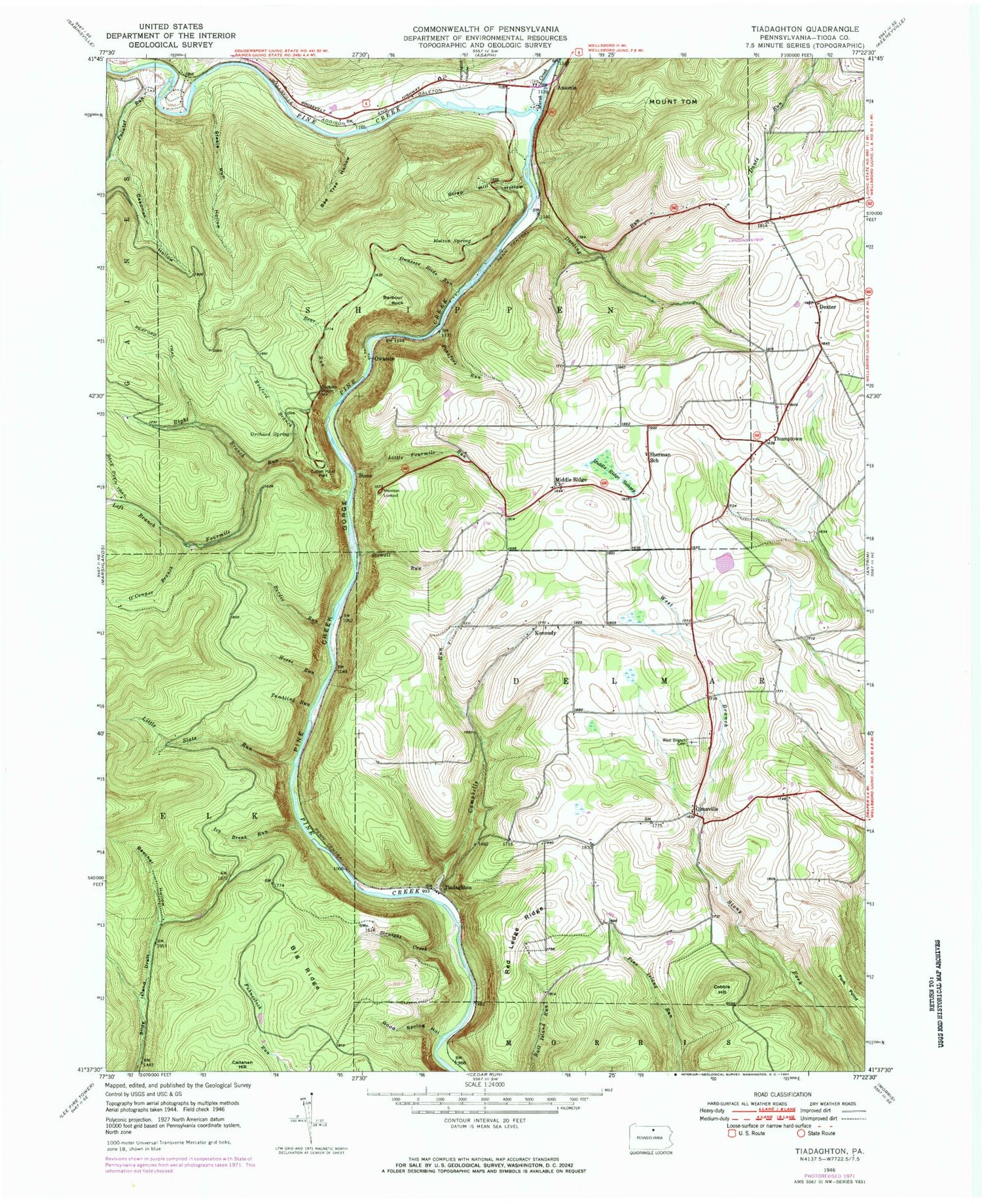 Classic USGS Tiadaghton Pennsylvania 7.5'x7.5' Topo Map Image