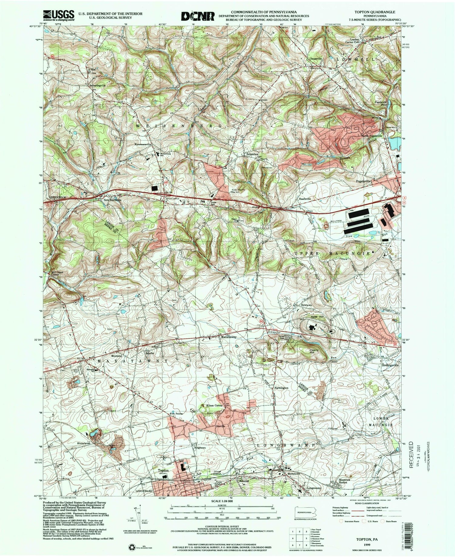 Classic USGS Topton Pennsylvania 7.5'x7.5' Topo Map Image