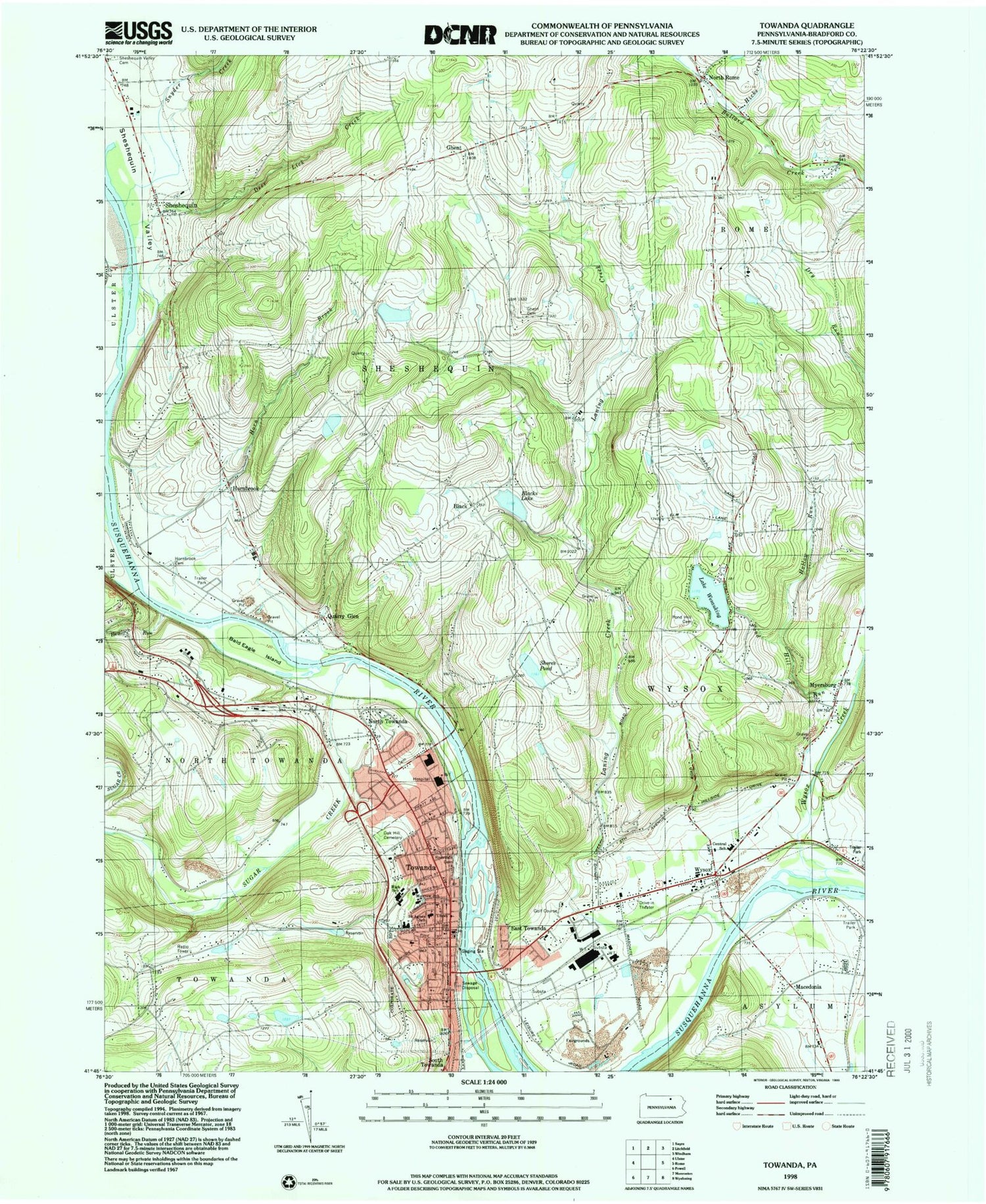 Classic USGS Towanda Pennsylvania 7.5'x7.5' Topo Map Image