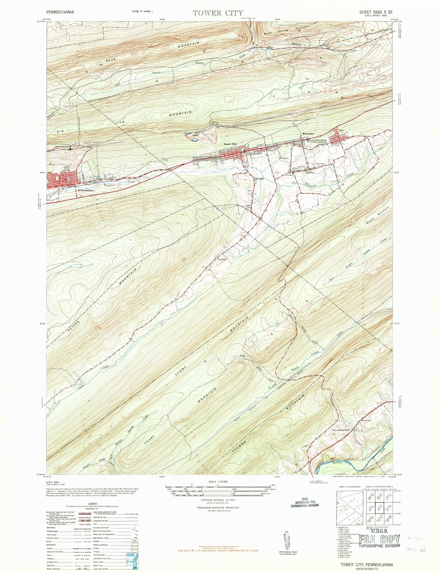 Classic USGS Tower City Pennsylvania 7.5'x7.5' Topo Map Image