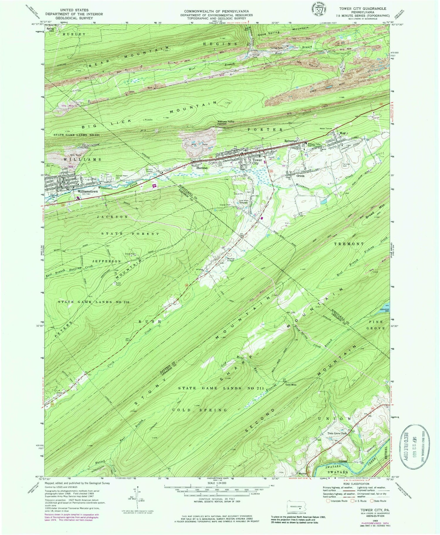 Classic USGS Tower City Pennsylvania 7.5'x7.5' Topo Map Image