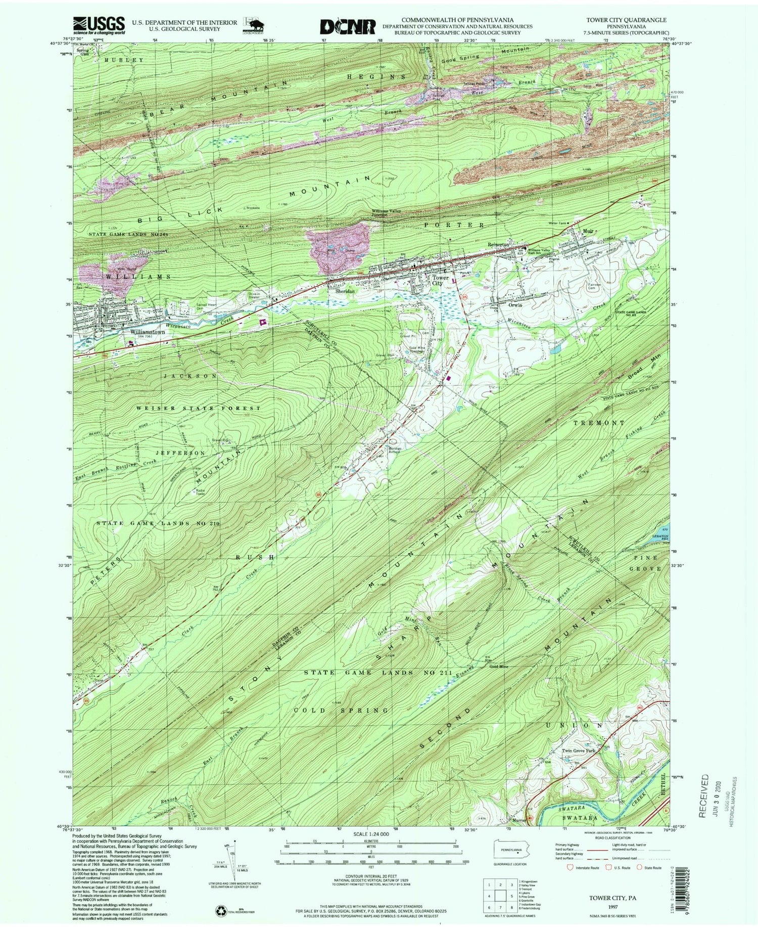 Classic USGS Tower City Pennsylvania 7.5'x7.5' Topo Map Image