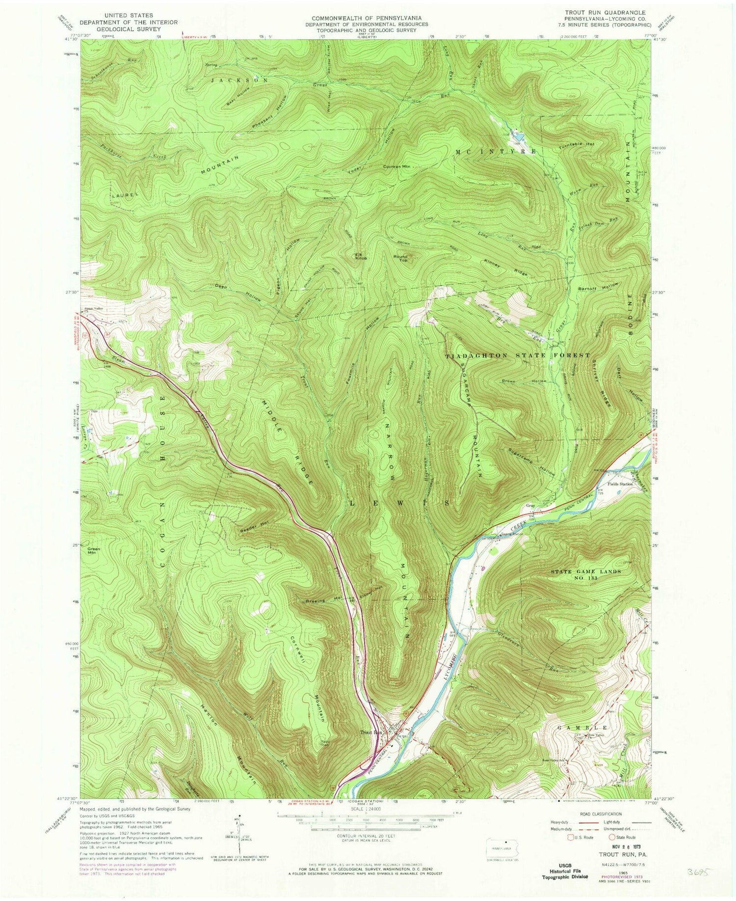 Classic USGS Trout Run Pennsylvania 7.5'x7.5' Topo Map Image