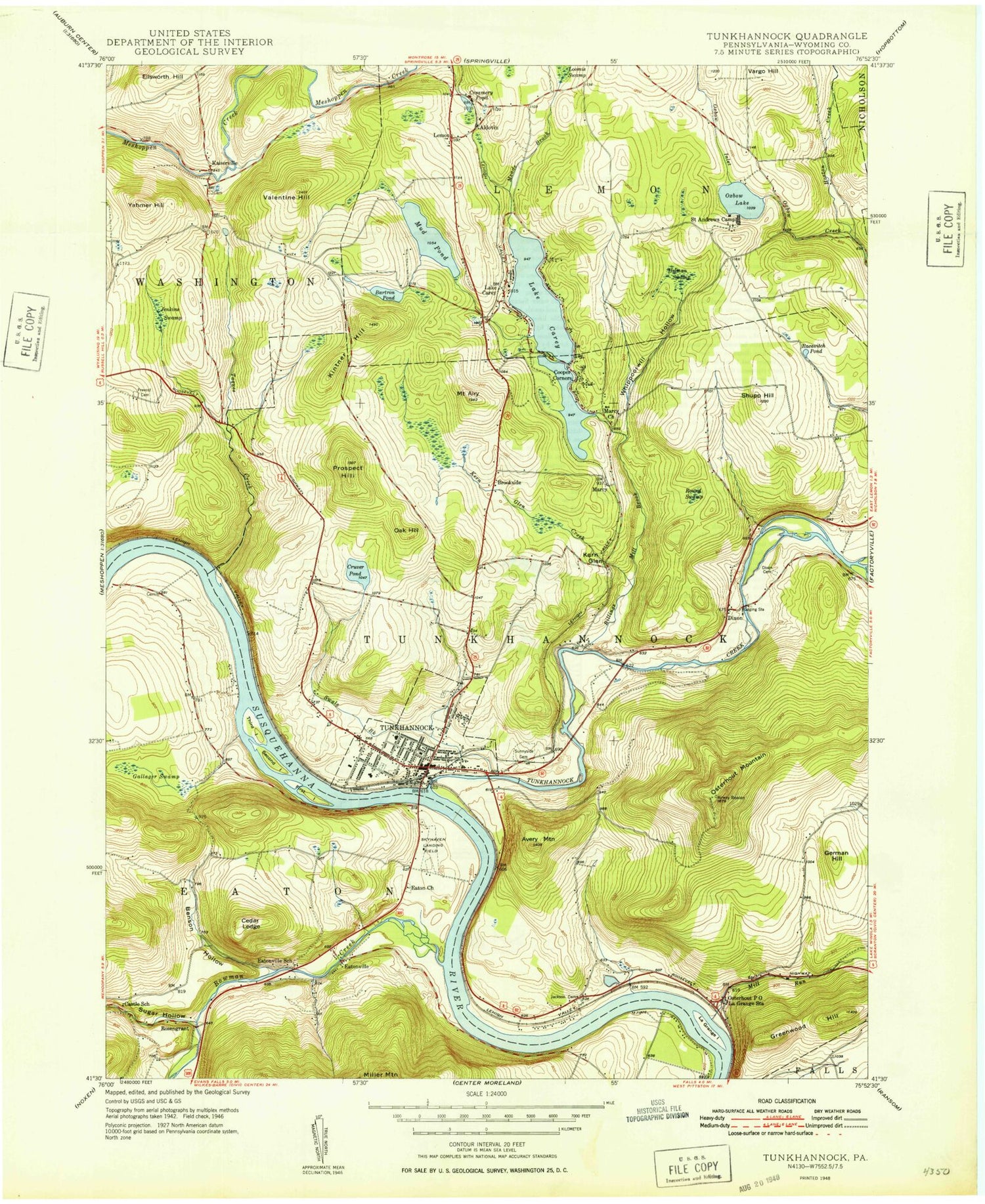 Classic USGS Tunkhannock Pennsylvania 7.5'x7.5' Topo Map Image