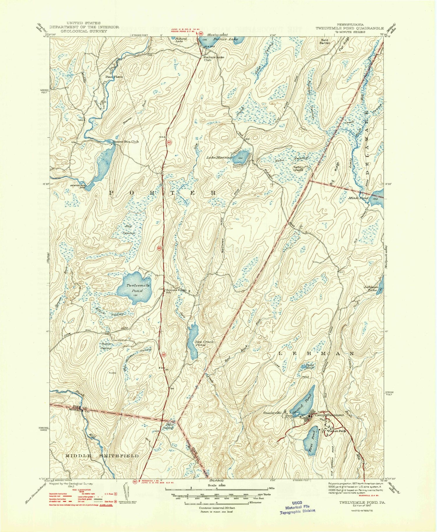Classic USGS Twelvemile Pond Pennsylvania 7.5'x7.5' Topo Map Image