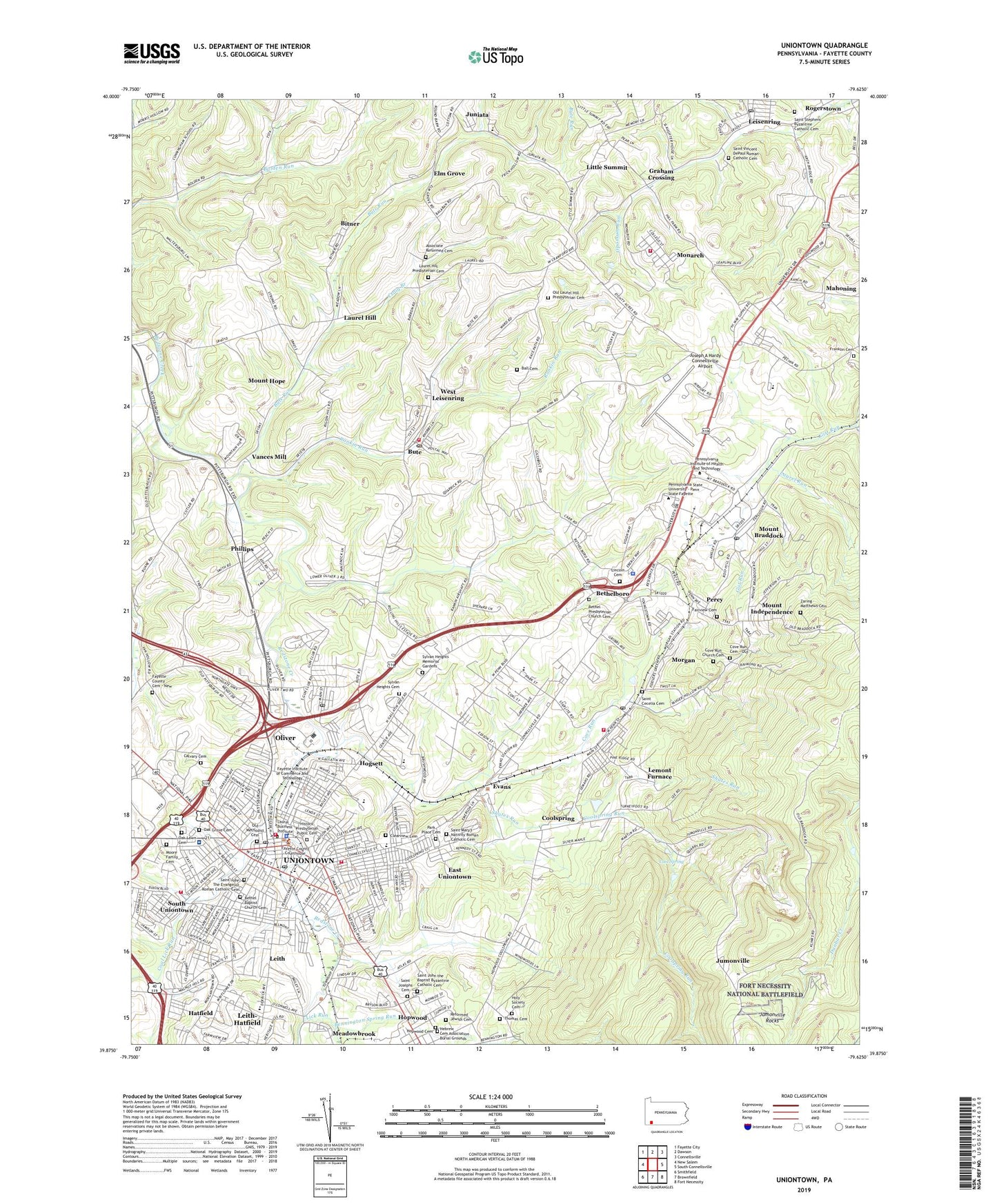 Uniontown Pennsylvania US Topo Map Image