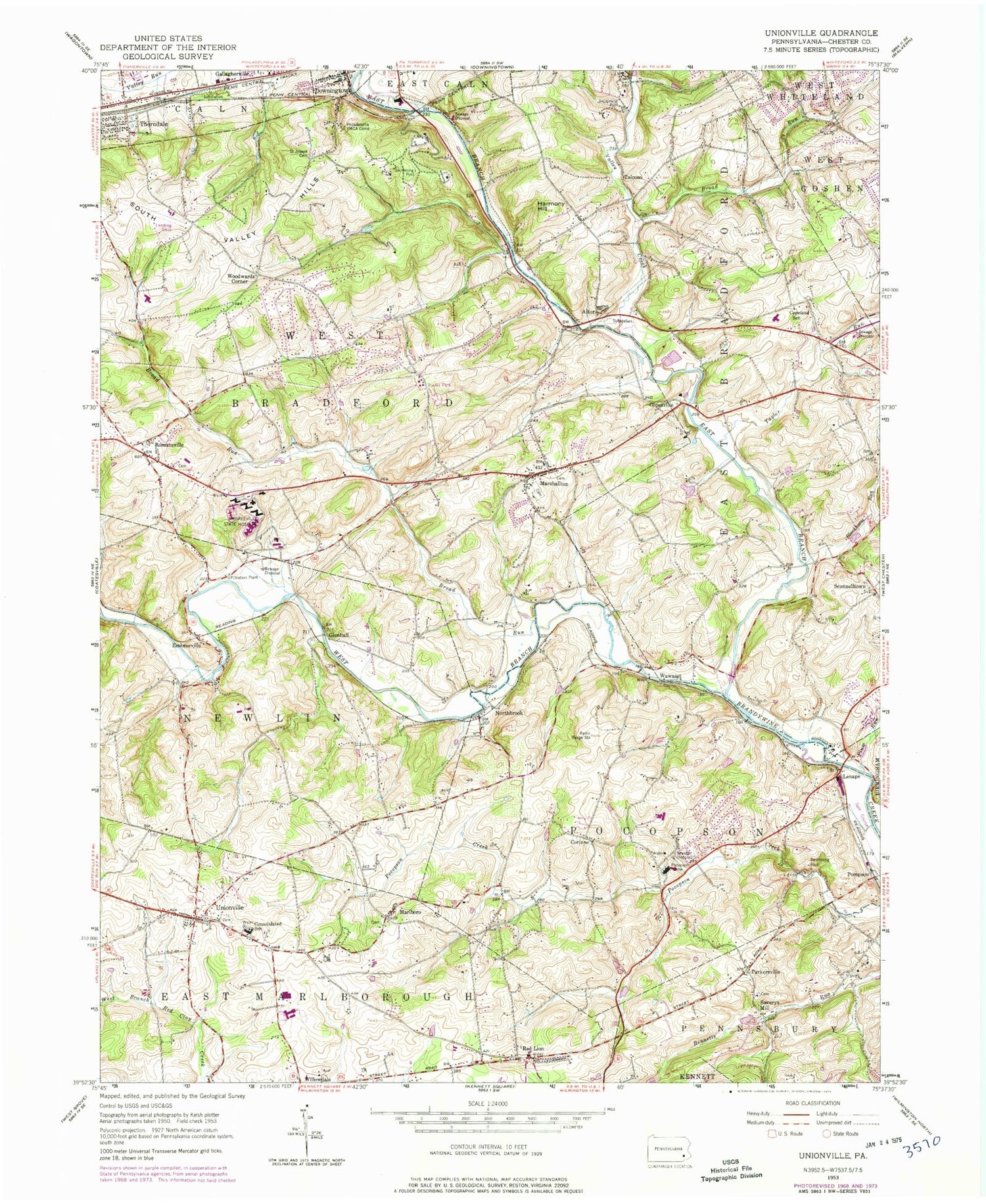 Classic USGS Unionville Pennsylvania 7.5'x7.5' Topo Map Image