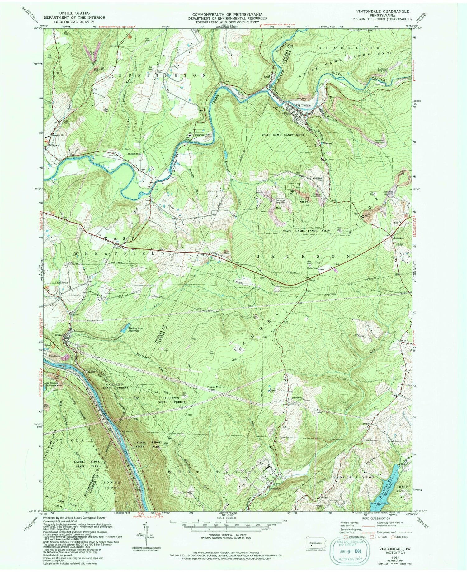 Classic USGS Vintondale Pennsylvania 7.5'x7.5' Topo Map Image