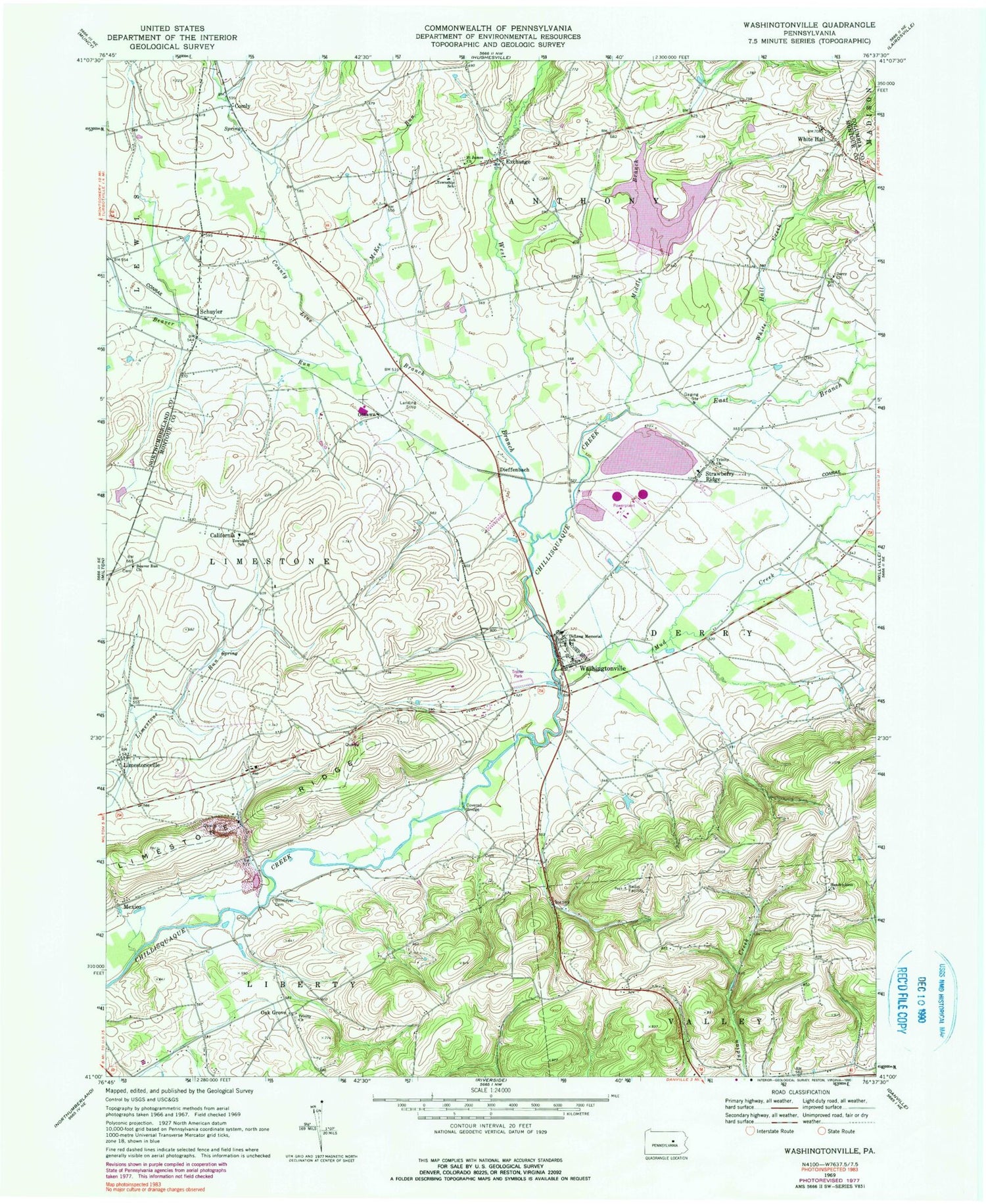Classic USGS Washingtonville Pennsylvania 7.5'x7.5' Topo Map Image