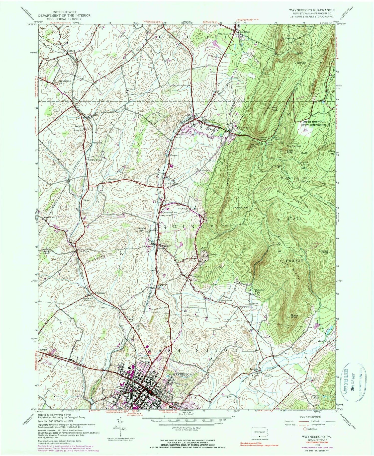 Classic USGS Waynesboro Pennsylvania 7.5'x7.5' Topo Map Image