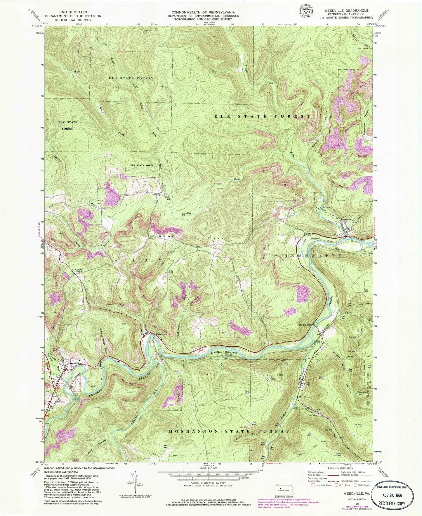 Classic USGS Weedville Pennsylvania 7.5'x7.5' Topo Map Image
