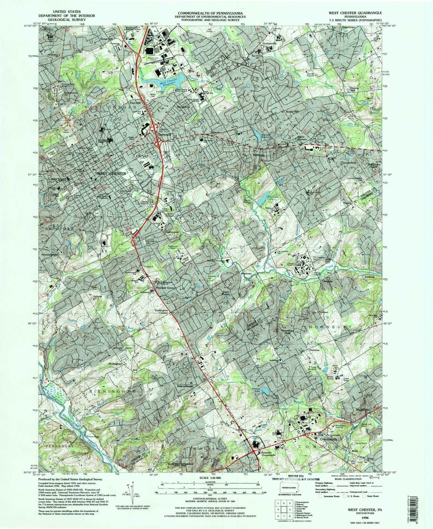 Classic USGS West Chester Pennsylvania 7.5'x7.5' Topo Map Image