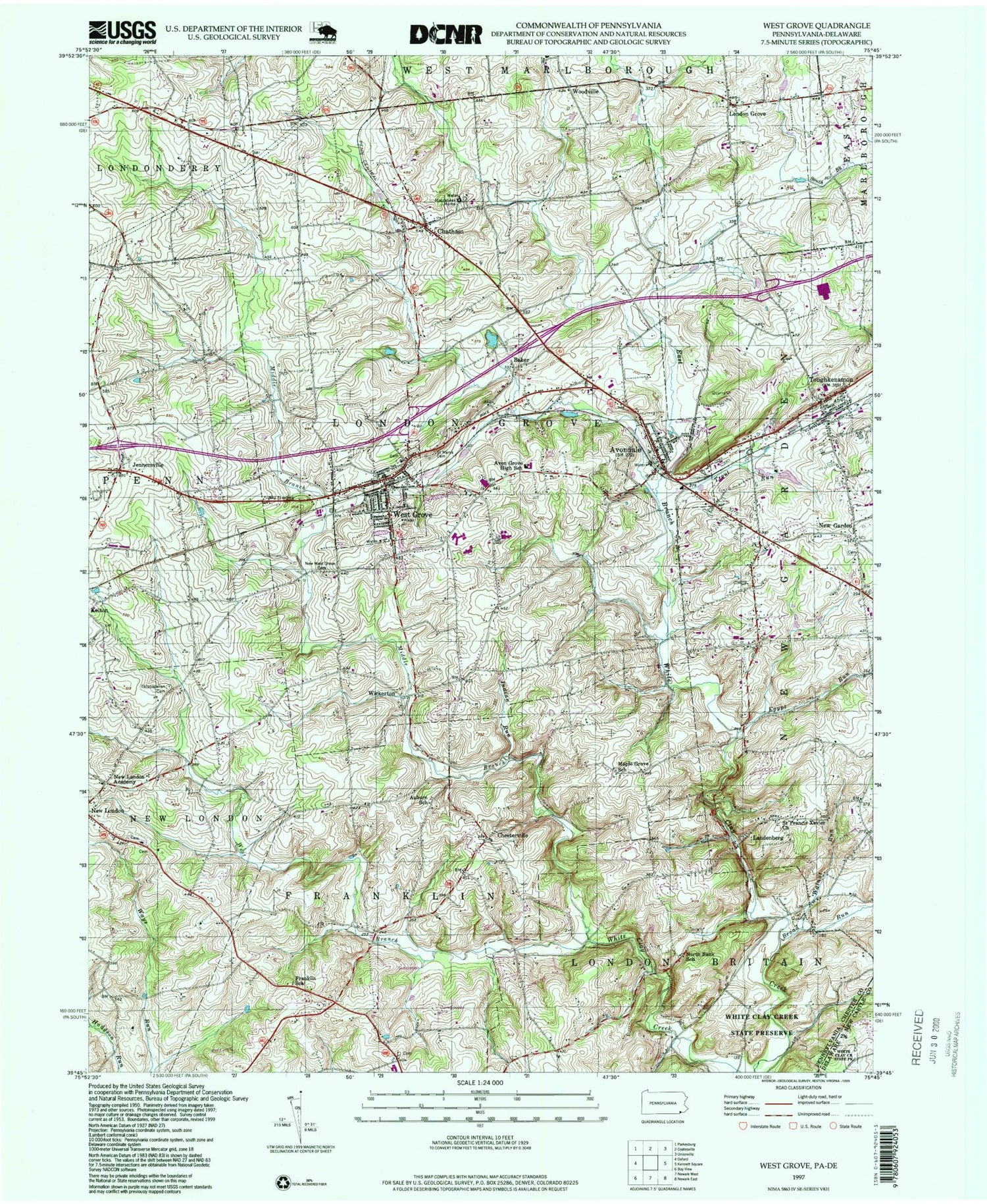 Classic USGS West Grove Pennsylvania 7.5'x7.5' Topo Map Image