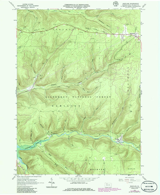 Classic USGS Westline Pennsylvania 7.5'x7.5' Topo Map Image