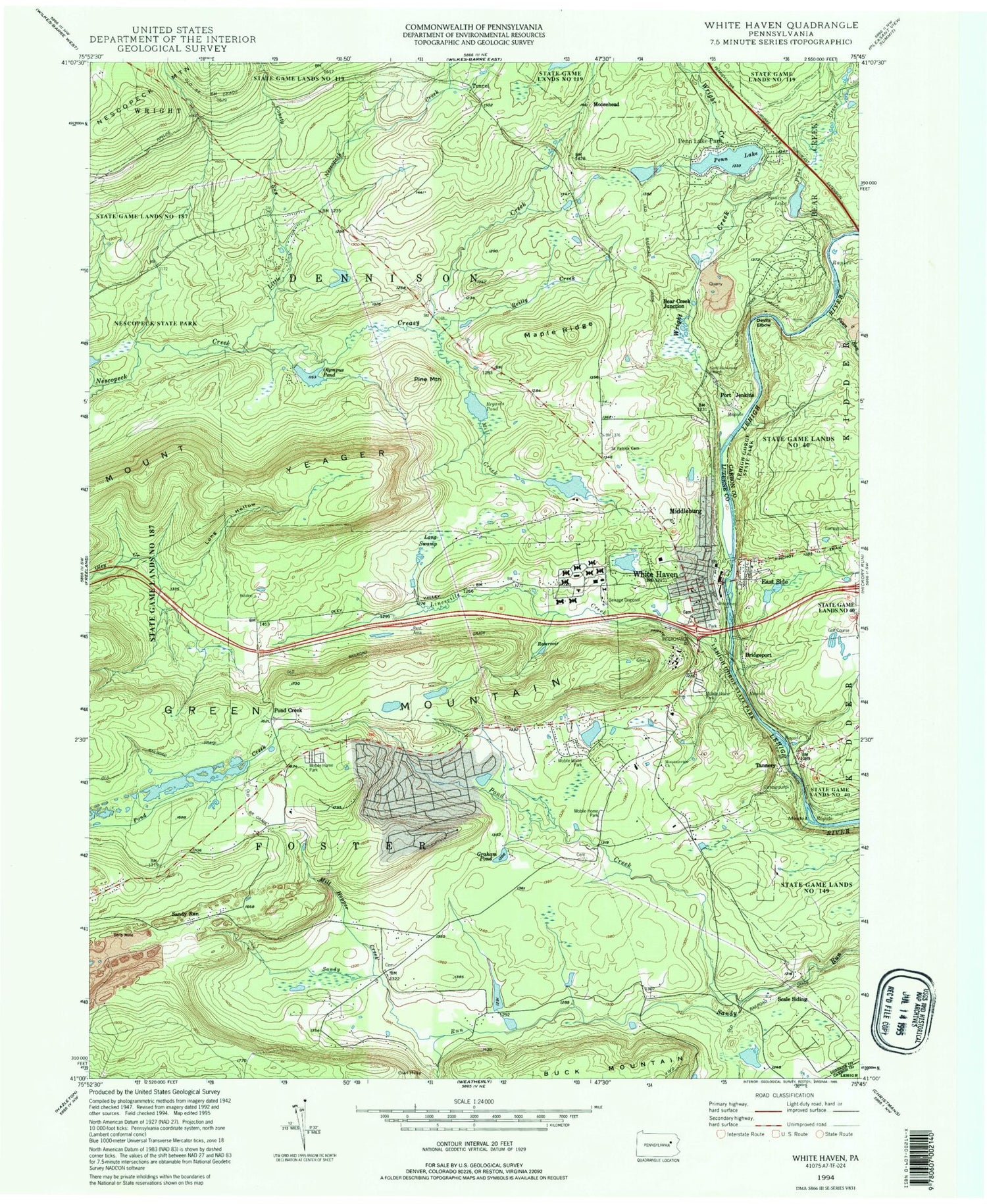 Classic USGS White Haven Pennsylvania 7.5'x7.5' Topo Map Image