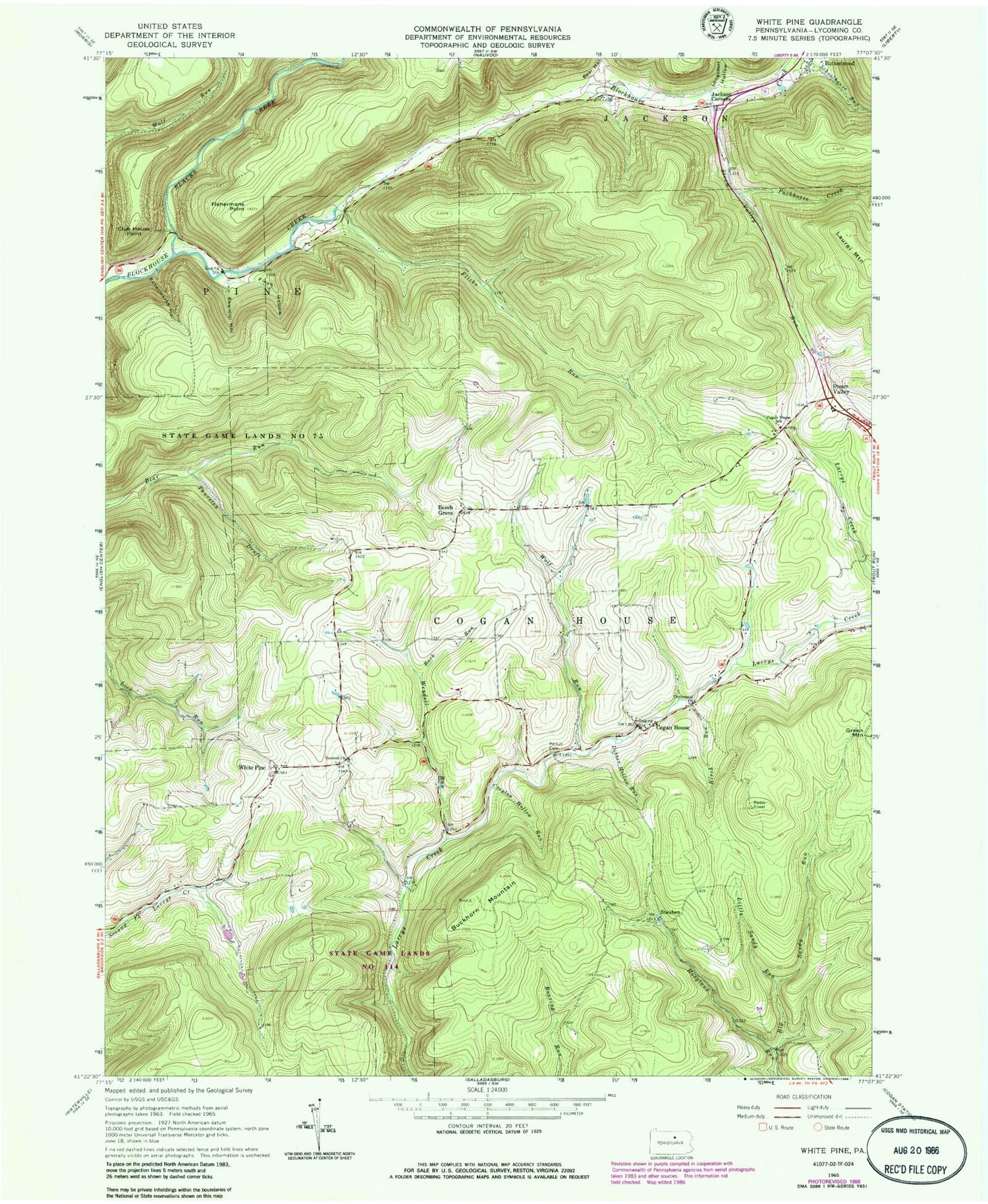 Classic USGS White Pine Pennsylvania 7.5'x7.5' Topo Map Image