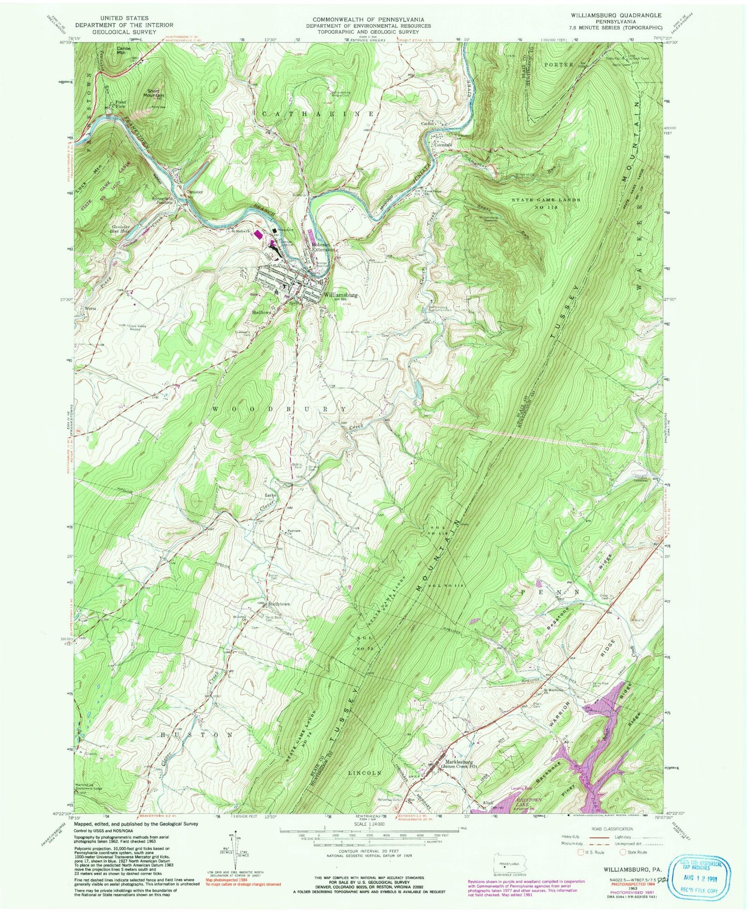 Classic USGS Williamsburg Pennsylvania 7.5'x7.5' Topo Map Image
