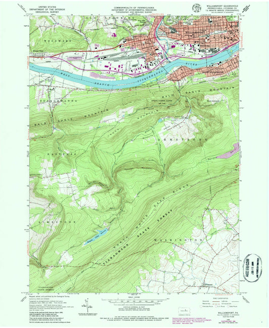 Classic USGS Williamsport Pennsylvania 7.5'x7.5' Topo Map Image