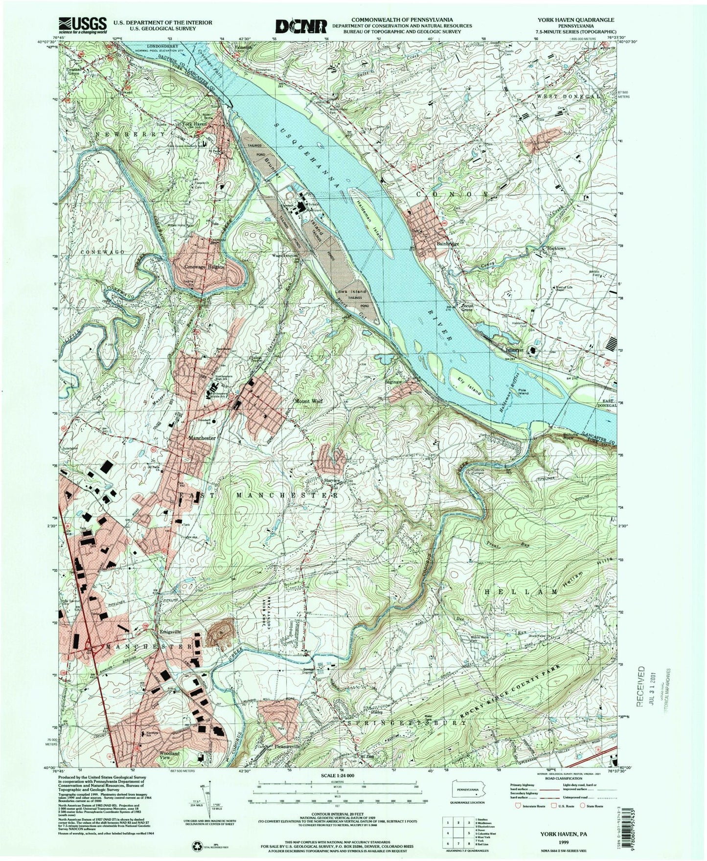 Classic USGS York Haven Pennsylvania 7.5'x7.5' Topo Map Image