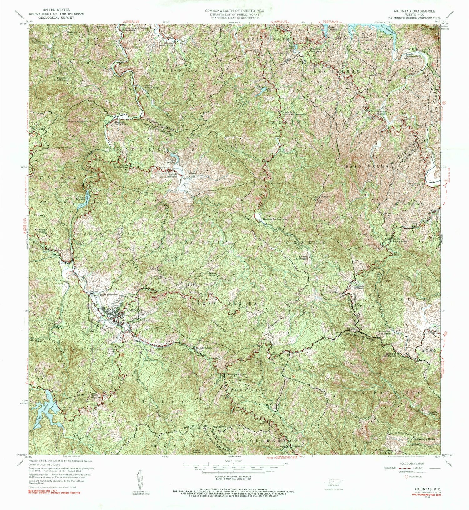 Classic USGS Adjuntas Puerto Rico 7.5'x7.5' Topo Map Image