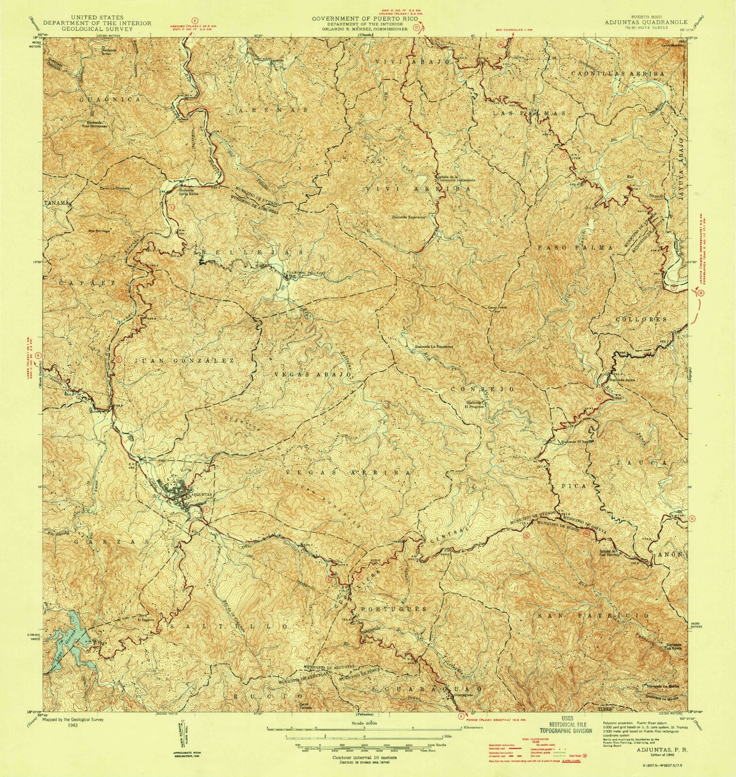 Classic USGS Adjuntas Puerto Rico 7.5'x7.5' Topo Map Image