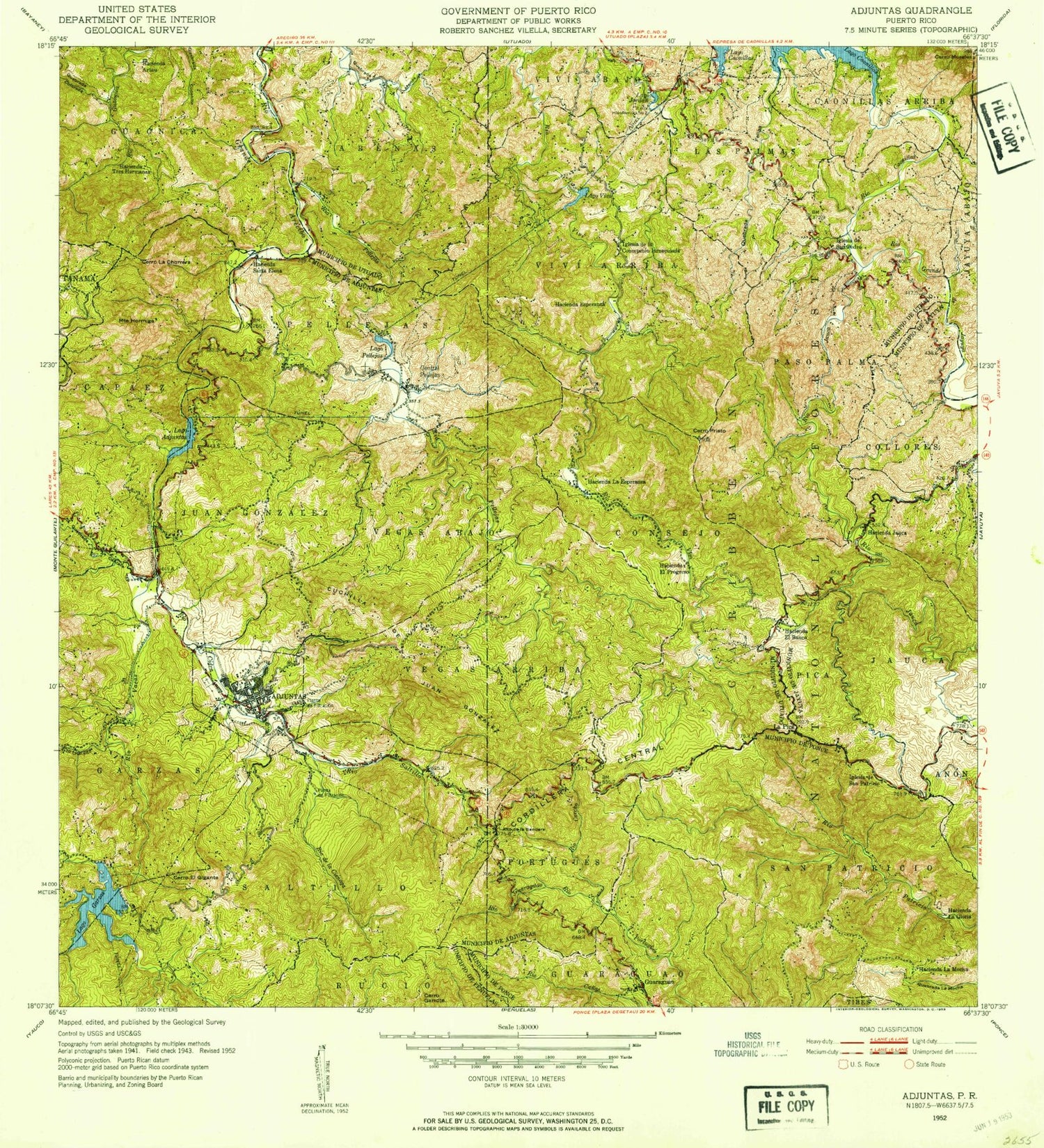 Classic USGS Adjuntas Puerto Rico 7.5'x7.5' Topo Map Image