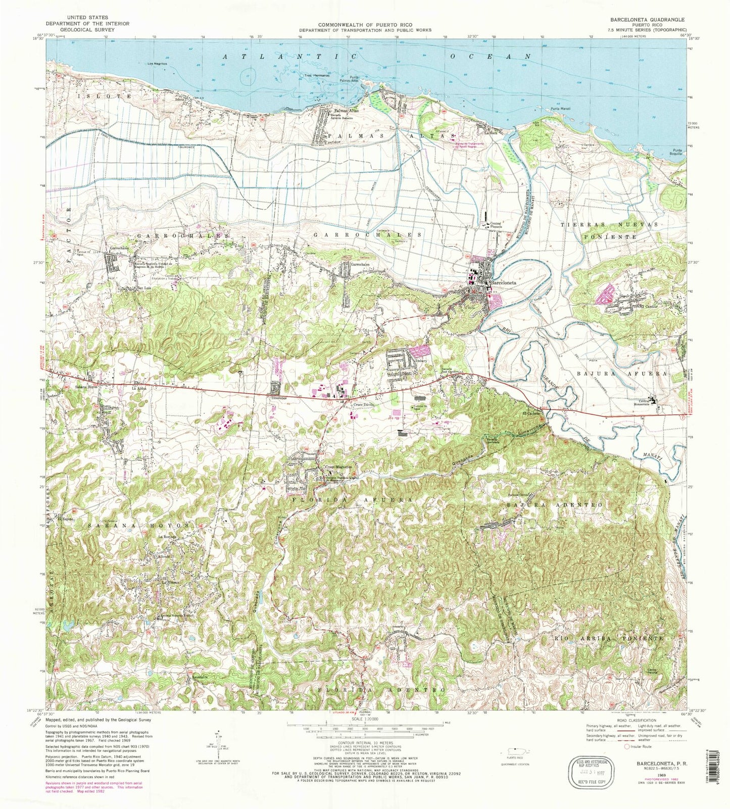Classic USGS Barceloneta Puerto Rico 7.5'x7.5' Topo Map Image