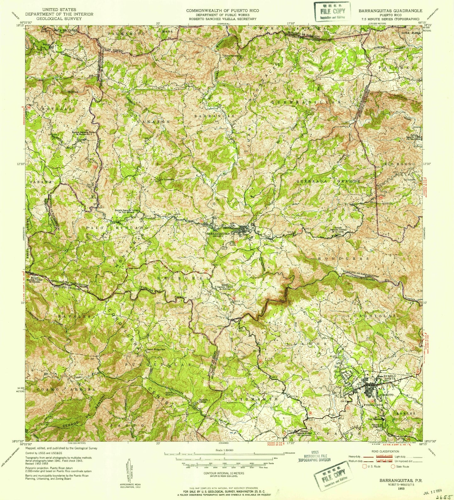 Classic USGS Barranquitas Puerto Rico 7.5'x7.5' Topo Map Image