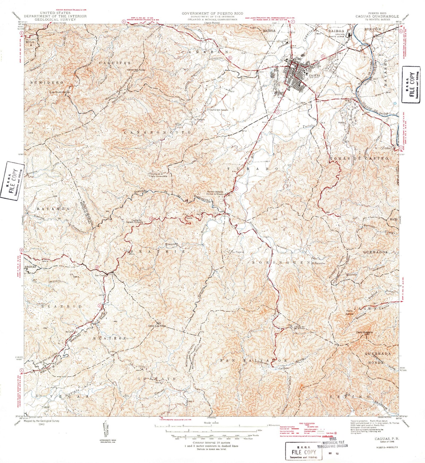 Classic USGS Caguas Puerto Rico 7.5'x7.5' Topo Map Image