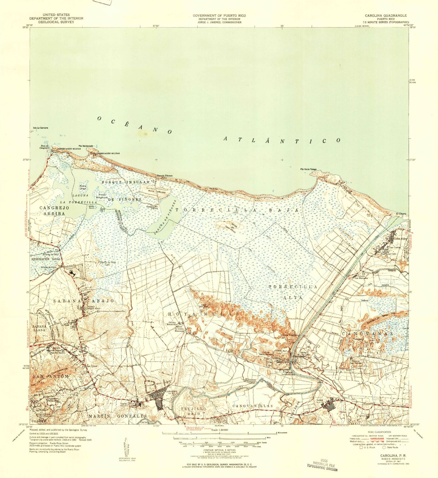 Classic USGS Carolina Puerto Rico 7.5'x7.5' Topo Map Image