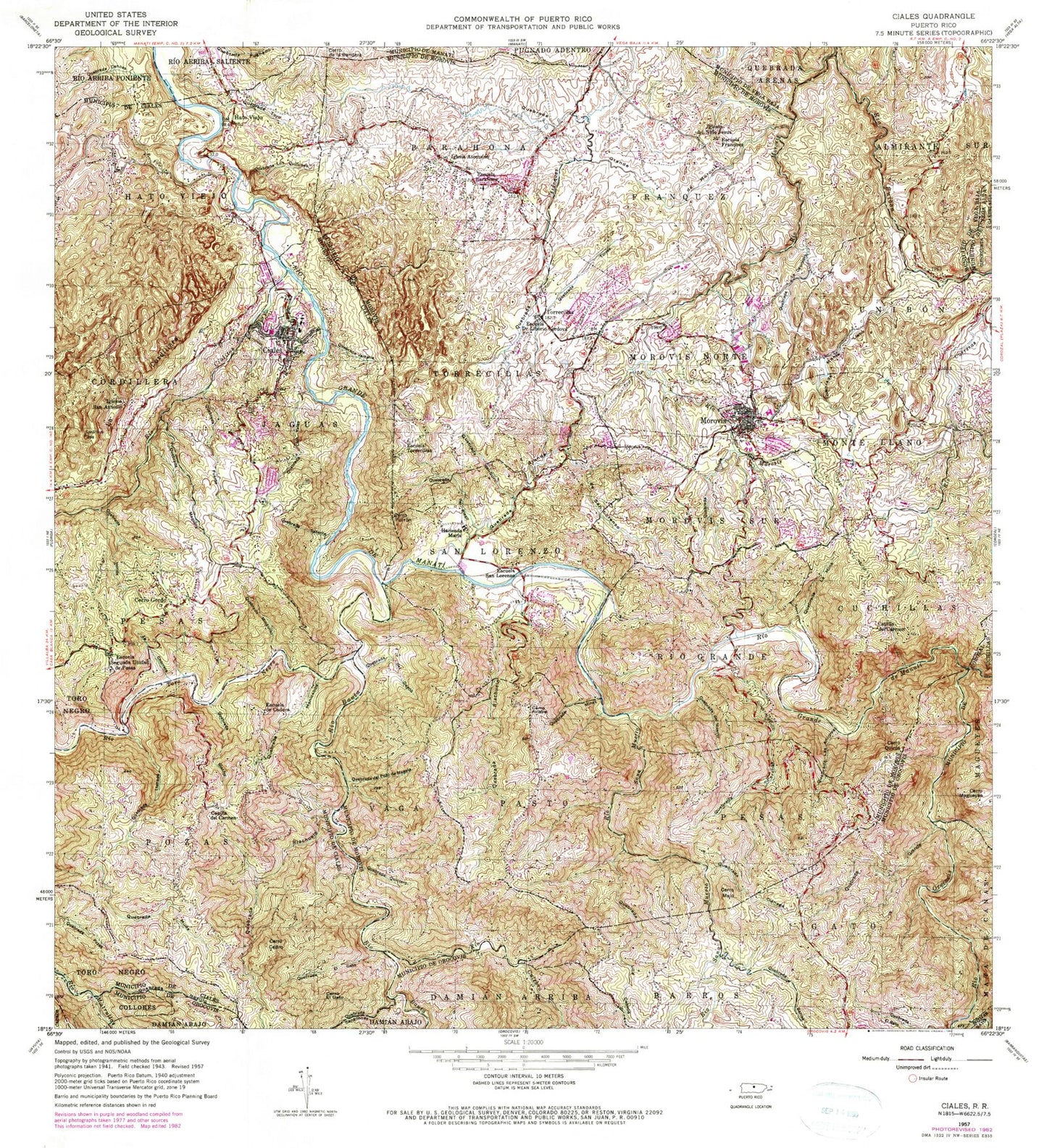 Classic USGS Ciales Puerto Rico 7.5'x7.5' Topo Map Image