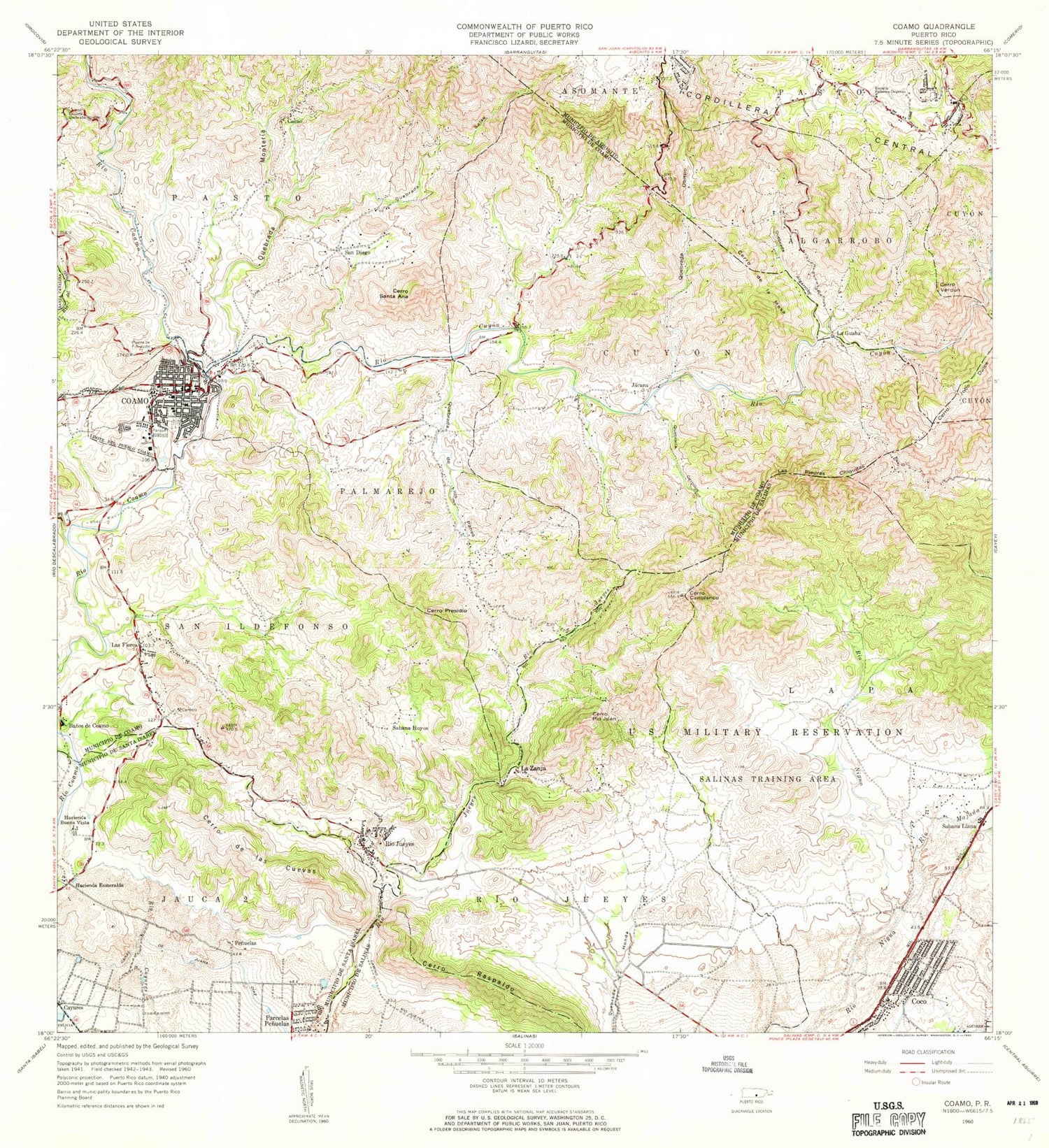 Classic USGS Coamo Puerto Rico 7.5'x7.5' Topo Map Image