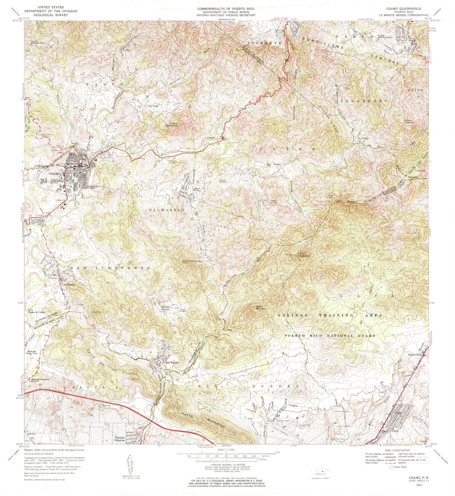 Classic USGS Coamo Puerto Rico 7.5'x7.5' Topo Map Image