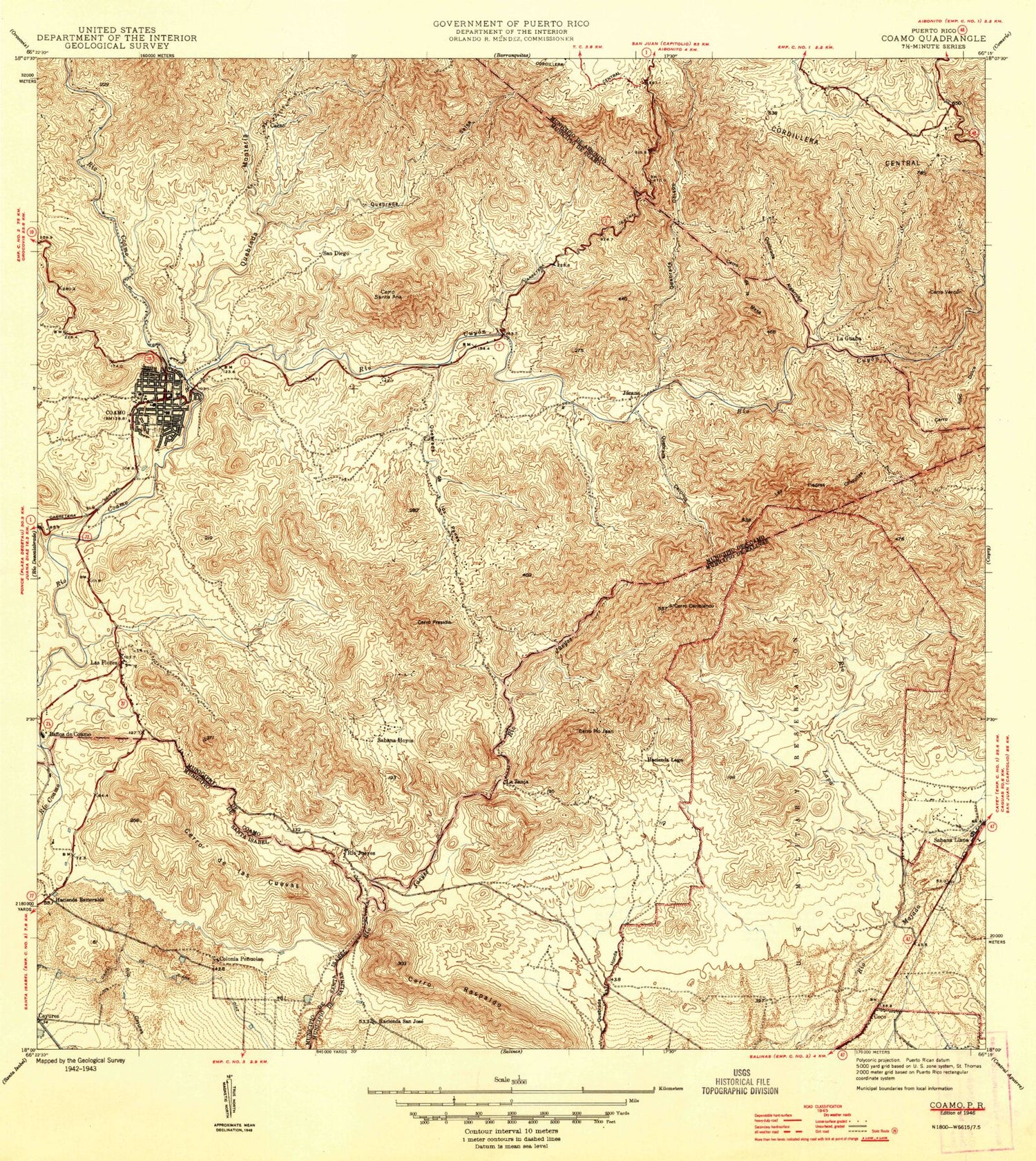 Classic USGS Coamo Puerto Rico 7.5'x7.5' Topo Map Image